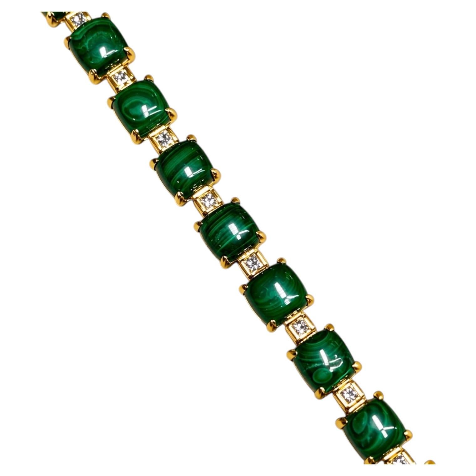 Estate 18K Yellow Gold Cabochon Cushion Malachite Princess Diamond Bracelet For Sale