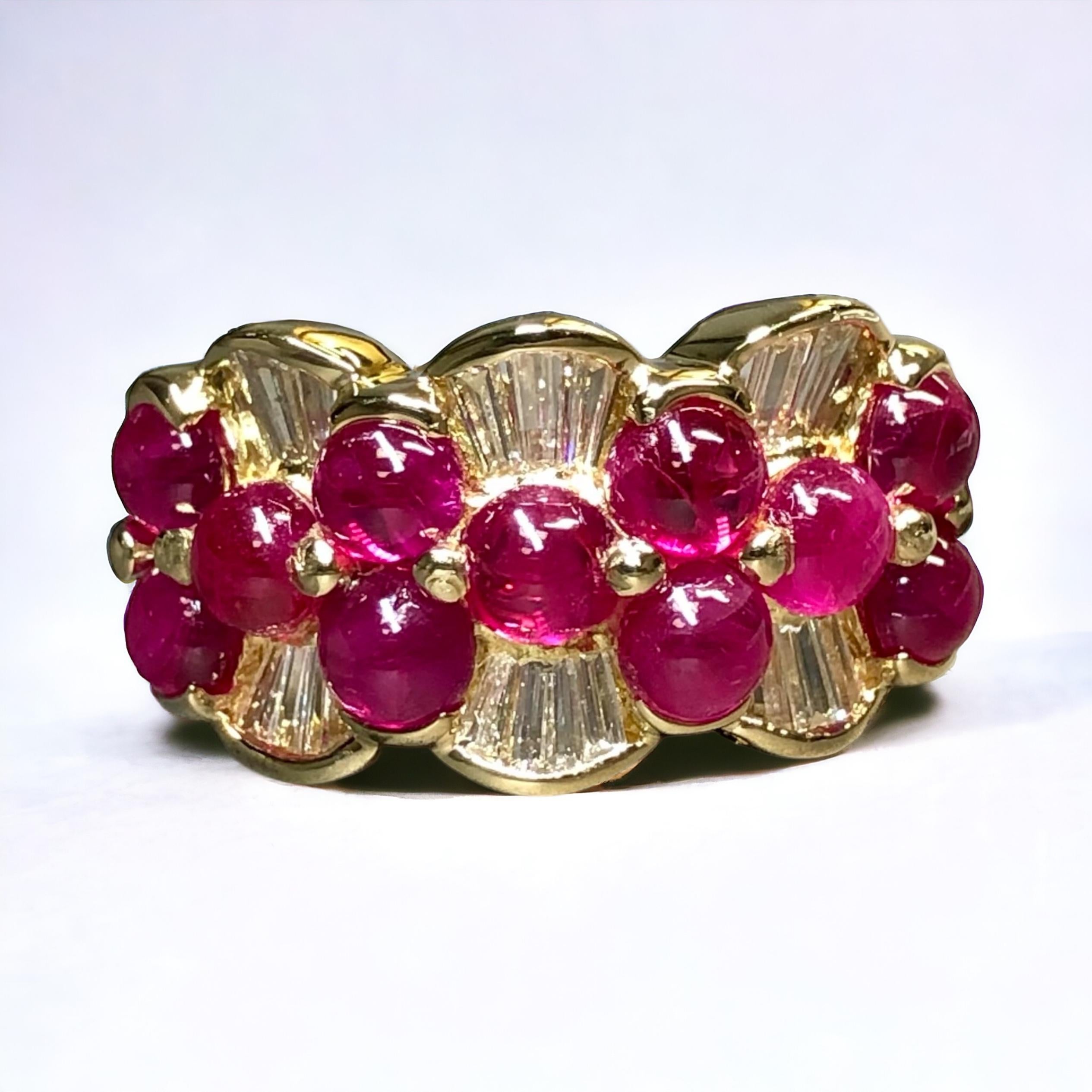 Estate 18K Yellow Gold Cabochon Ruby Baguette Diamond Cocktail Band Ring 5.44ctw For Sale 5