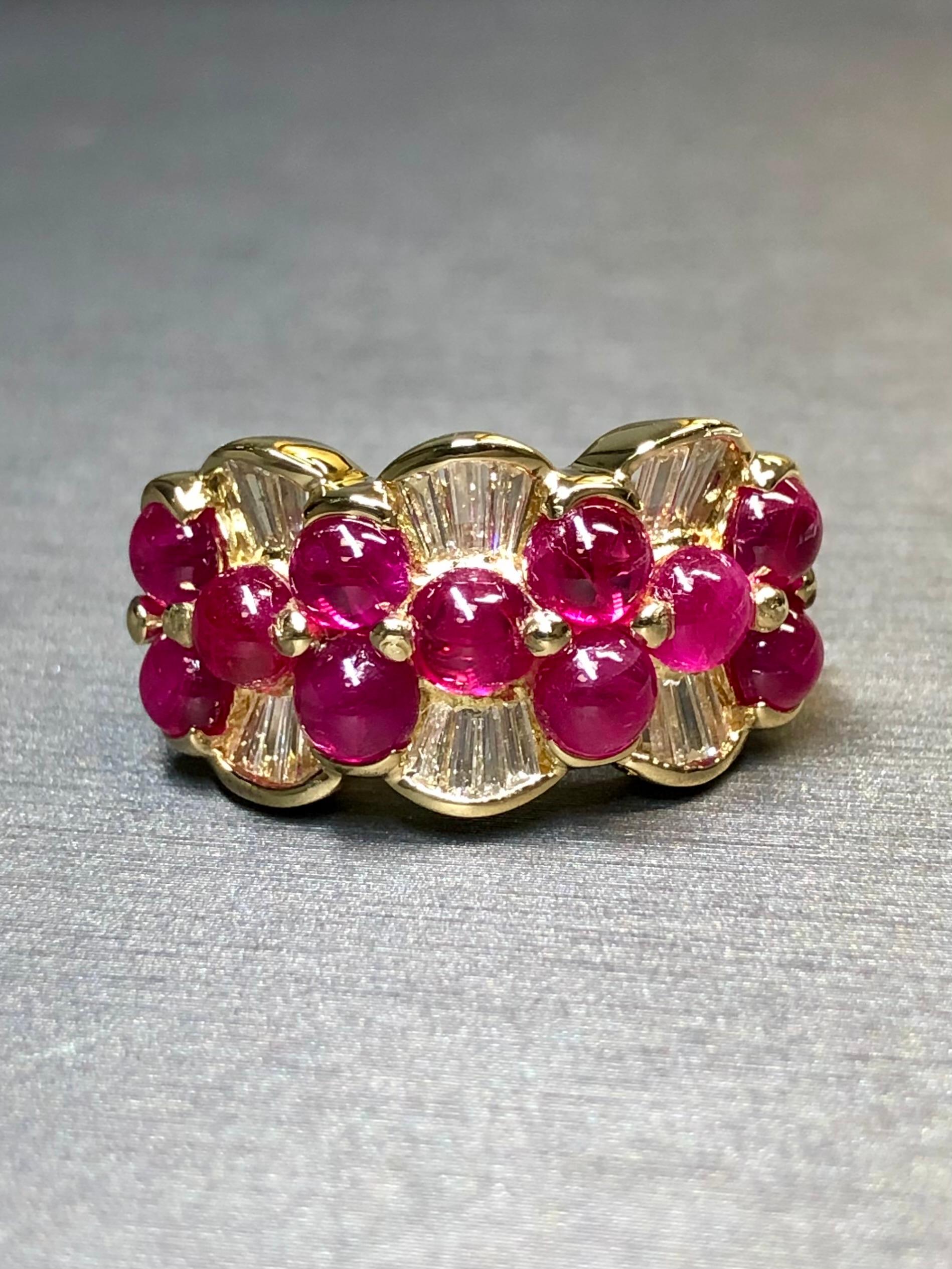 A contemporary band ring in 18K yellow gold prong set with approximately 4cttw in natural vivid red cabochon rubies as well as 1.44cttw in channel set H-I color Vs1-2 clarity tapered baguettes.


Dimensions/Weight:

Ring measures .45” wide and