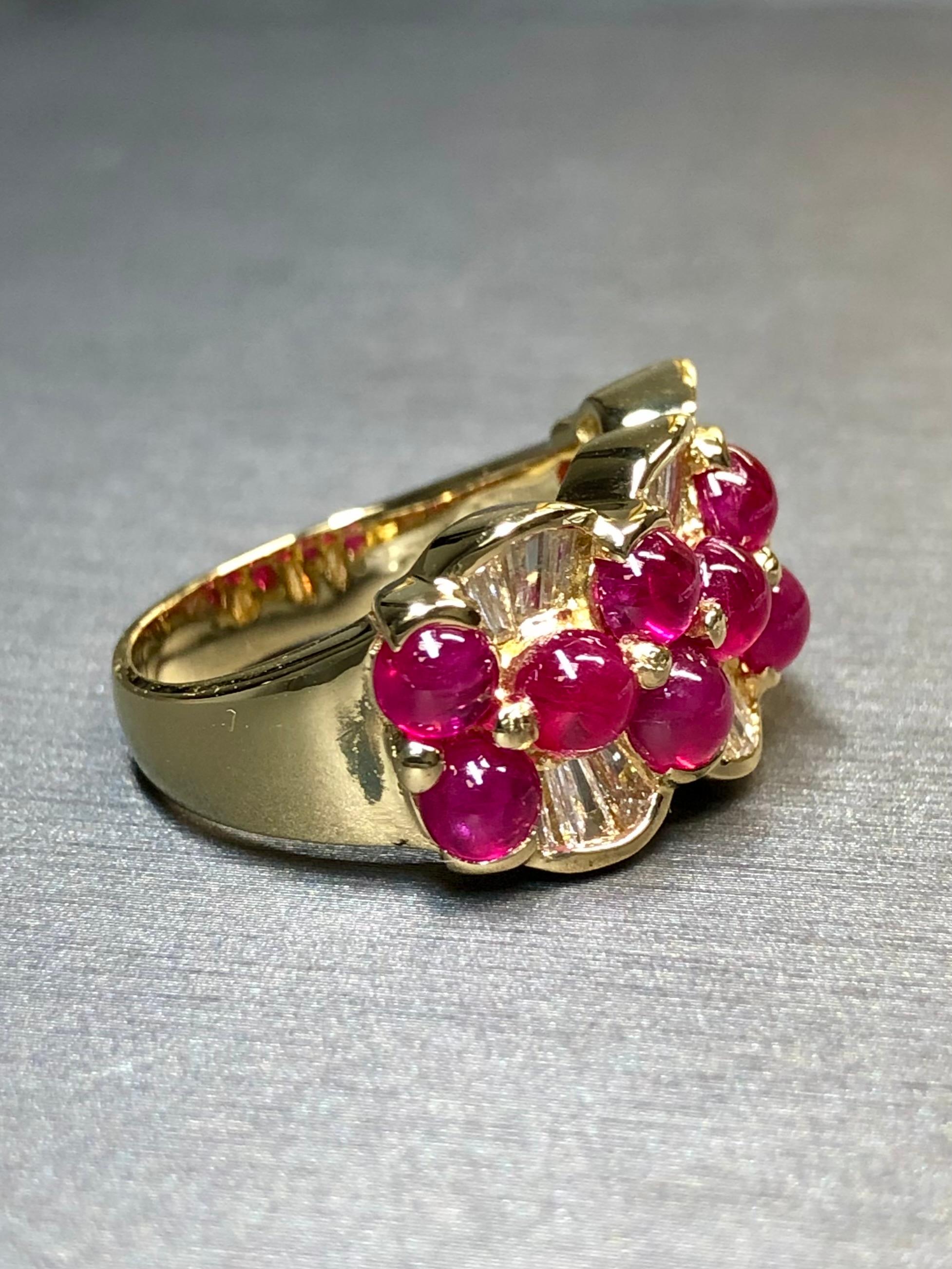 Contemporary Estate 18K Yellow Gold Cabochon Ruby Baguette Diamond Cocktail Band Ring 5.44ctw For Sale