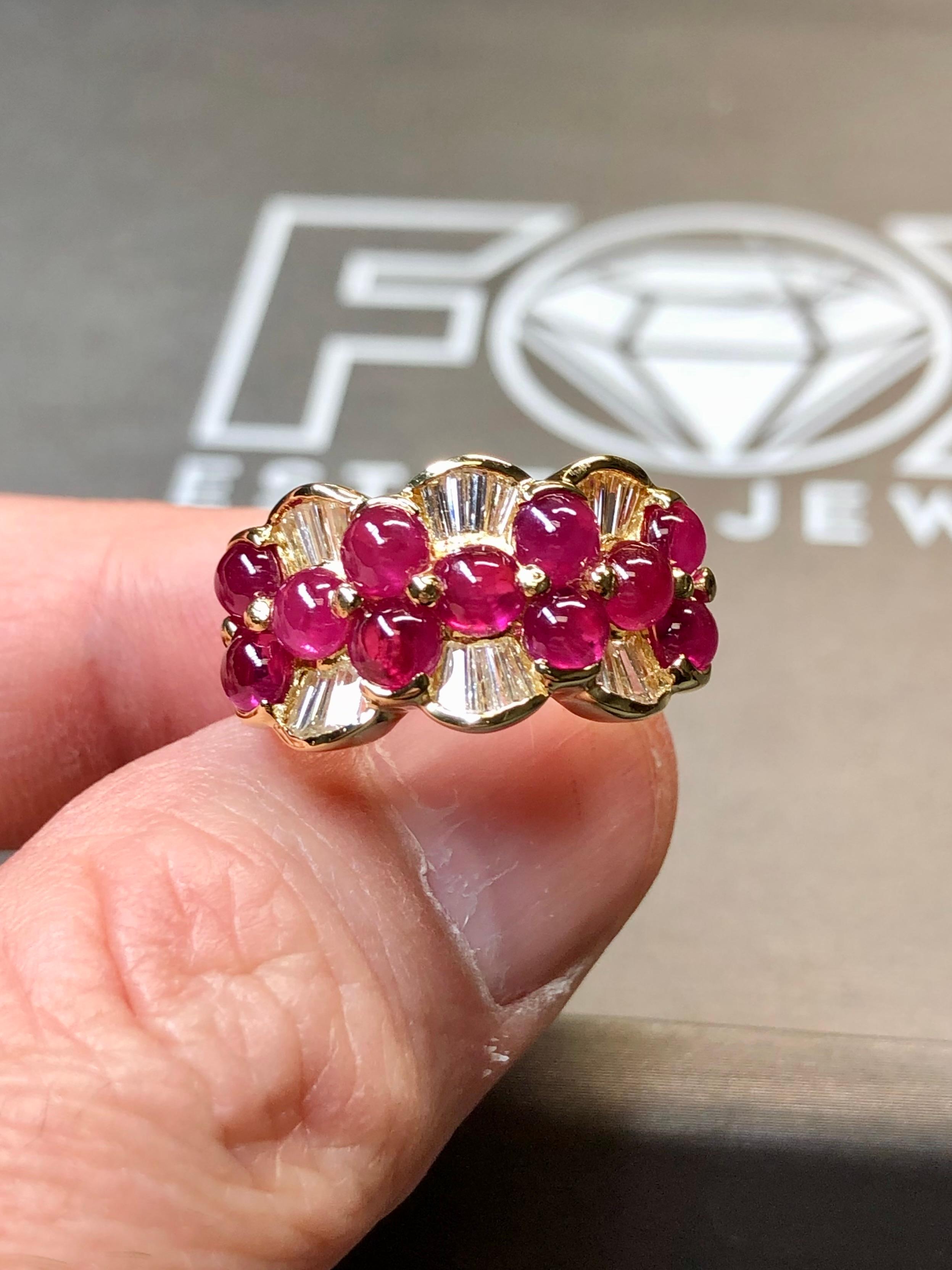Women's or Men's Estate 18K Yellow Gold Cabochon Ruby Baguette Diamond Cocktail Band Ring 5.44ctw For Sale