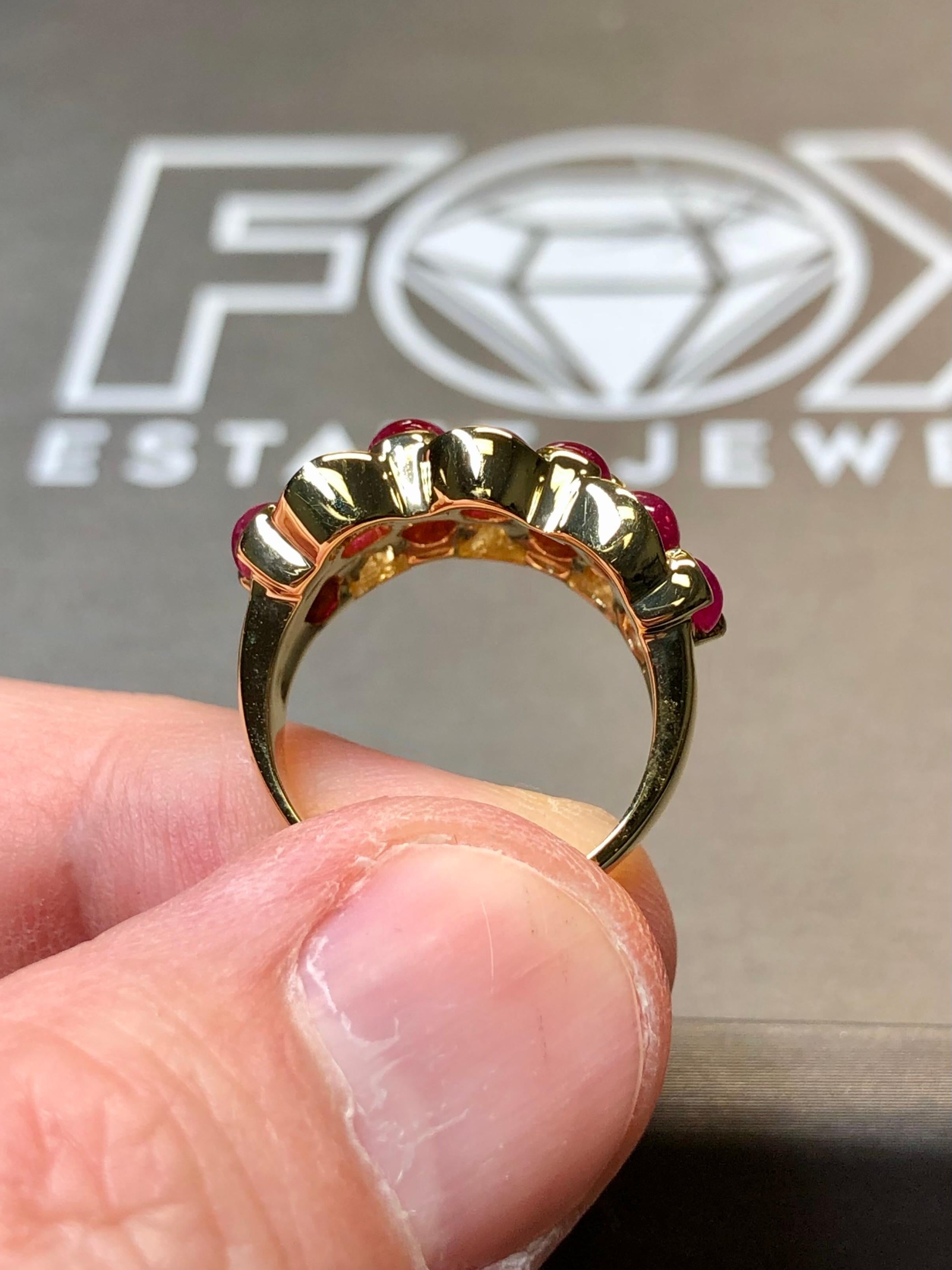 Estate 18K Yellow Gold Cabochon Ruby Baguette Diamond Cocktail Band Ring 5.44ctw For Sale 1