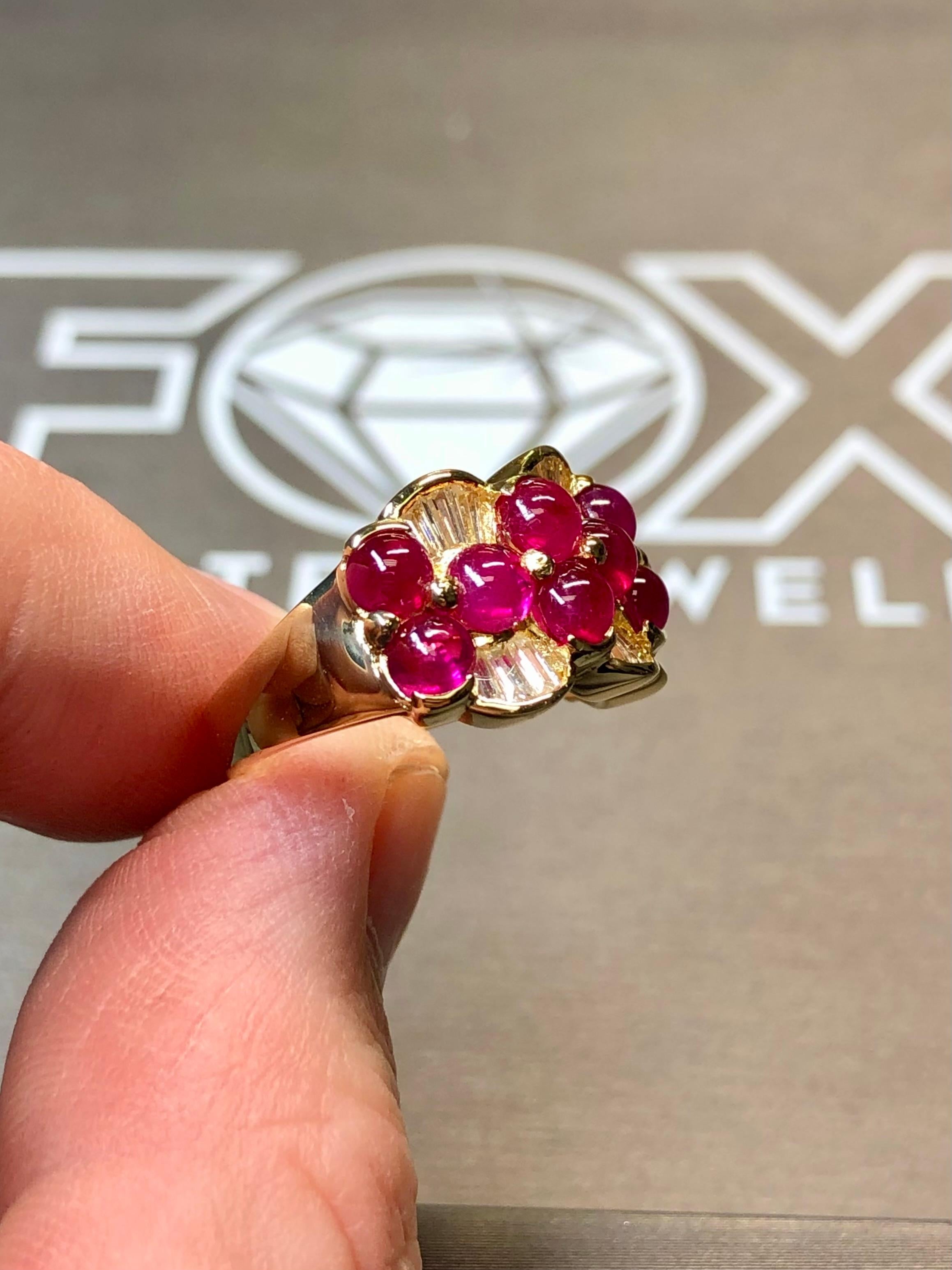 Estate 18K Yellow Gold Cabochon Ruby Baguette Diamond Cocktail Band Ring 5.44ctw For Sale 2