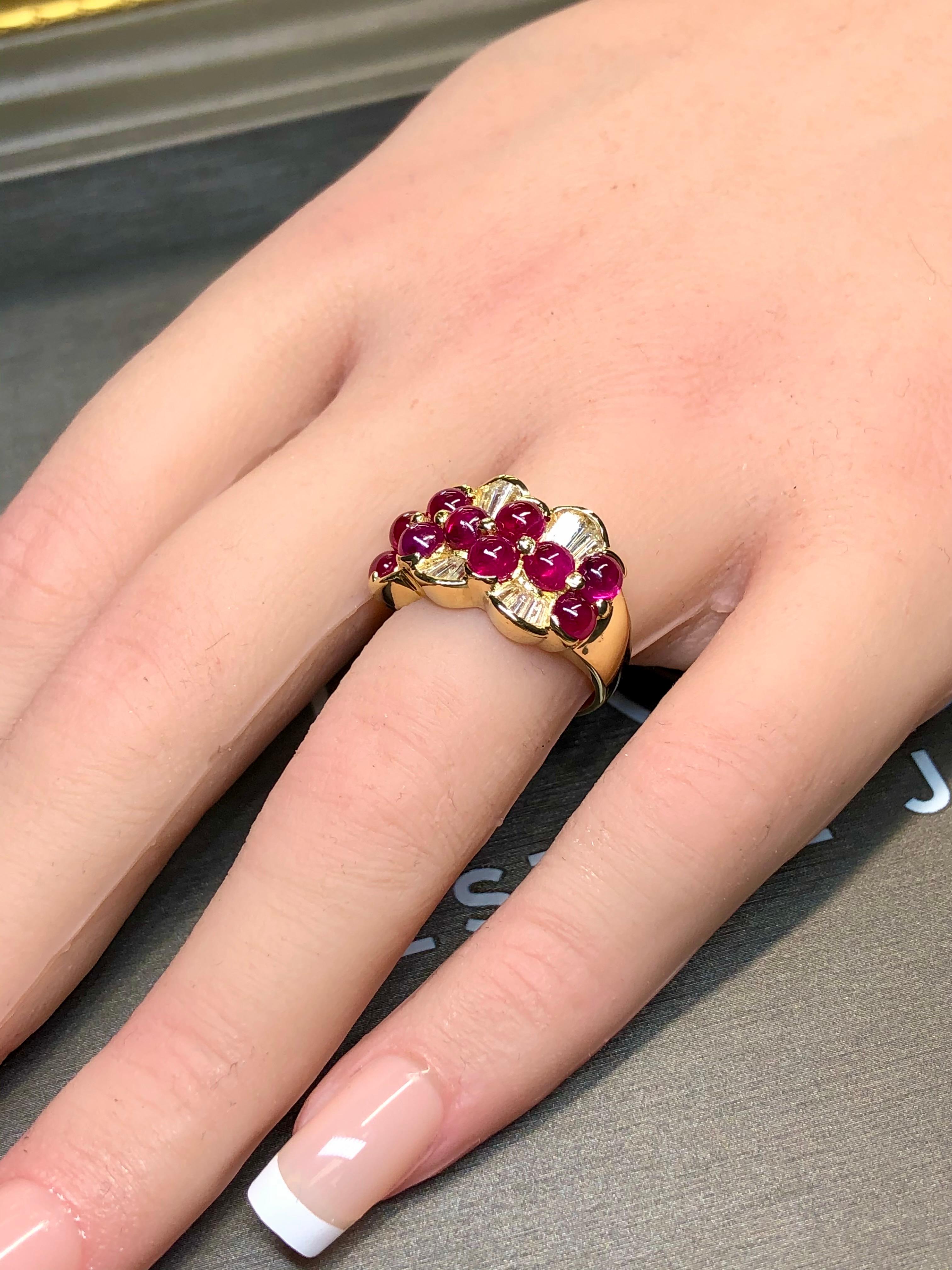 Estate 18K Yellow Gold Cabochon Ruby Baguette Diamond Cocktail Band Ring 5.44ctw For Sale 3