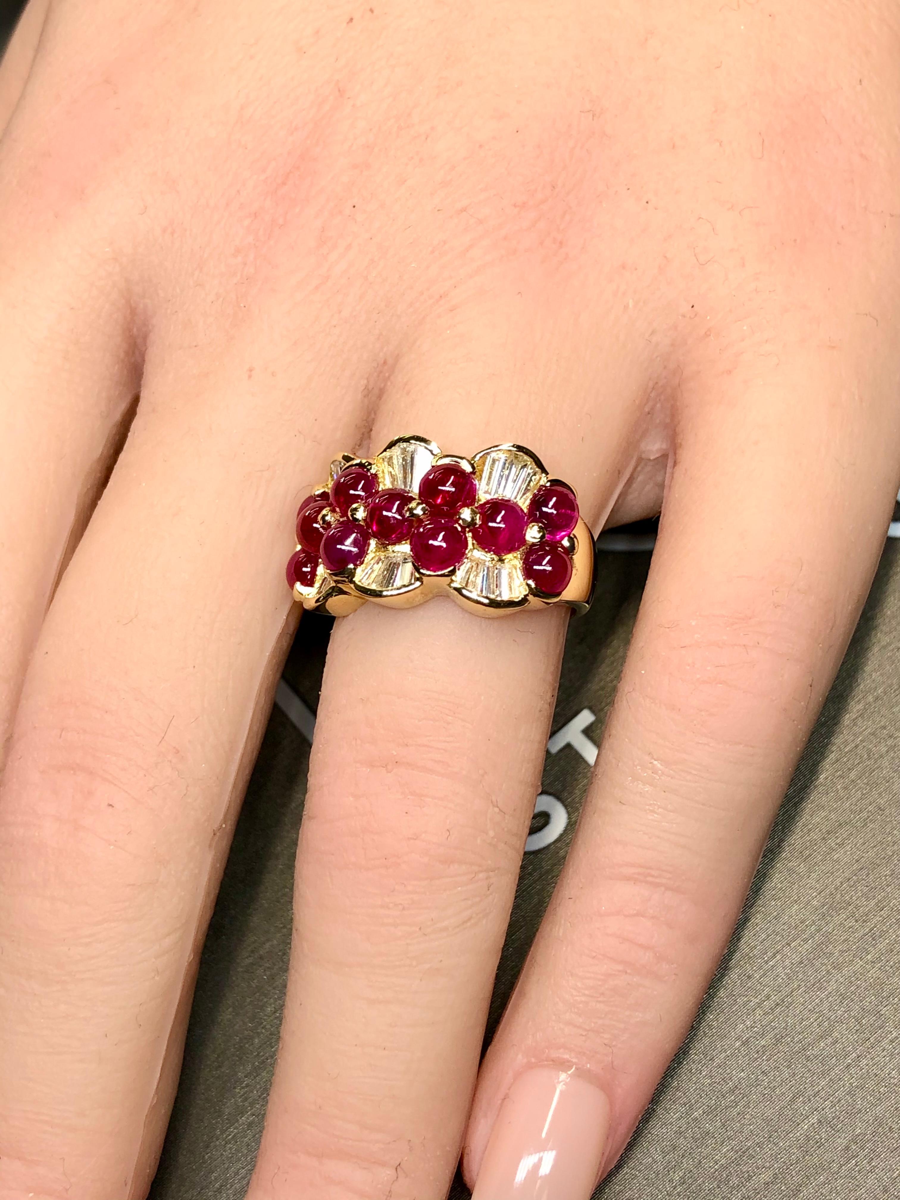 Estate 18K Yellow Gold Cabochon Ruby Baguette Diamond Cocktail Band Ring 5.44ctw For Sale 4