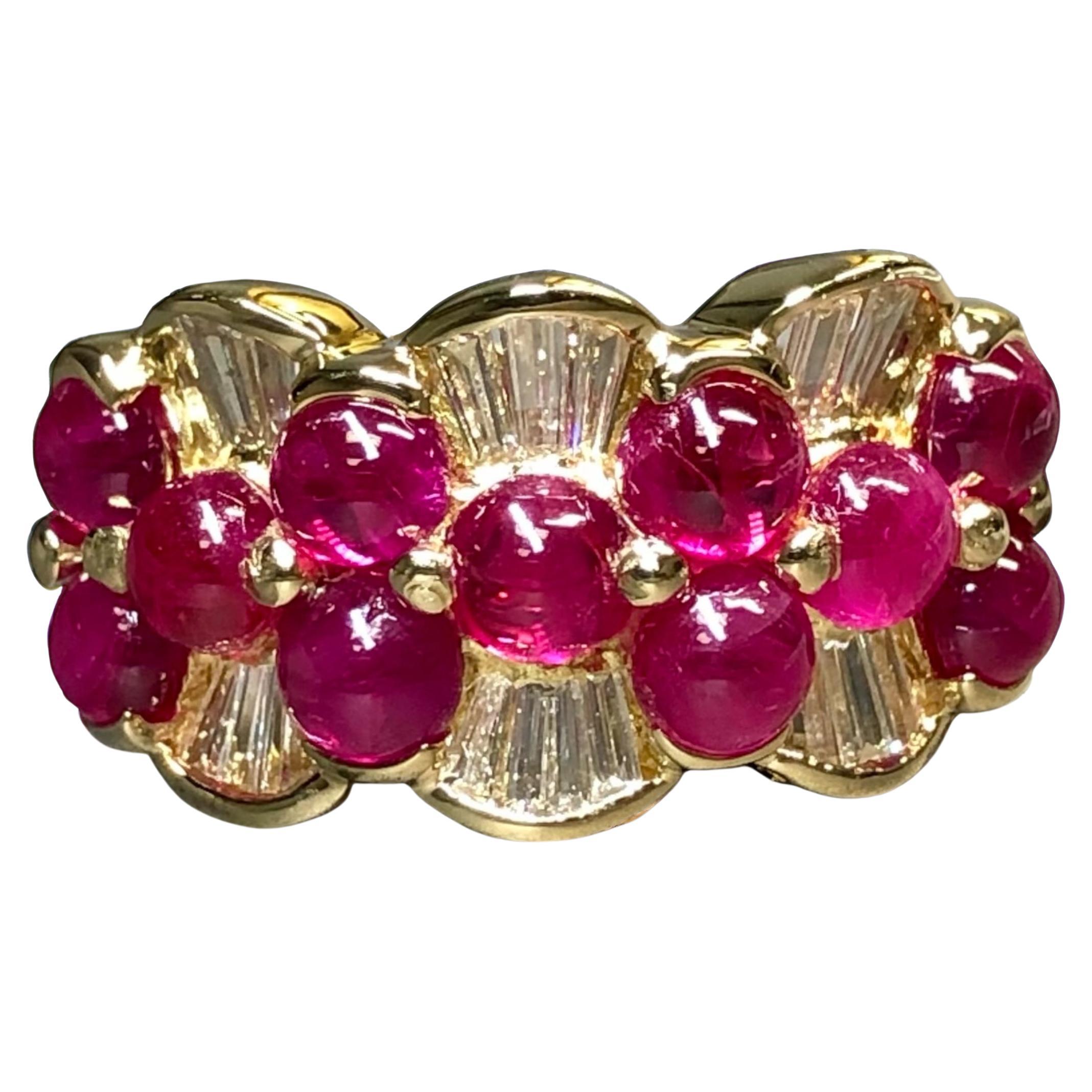 Estate 18K Yellow Gold Cabochon Ruby Baguette Diamond Cocktail Band Ring 5.44ctw