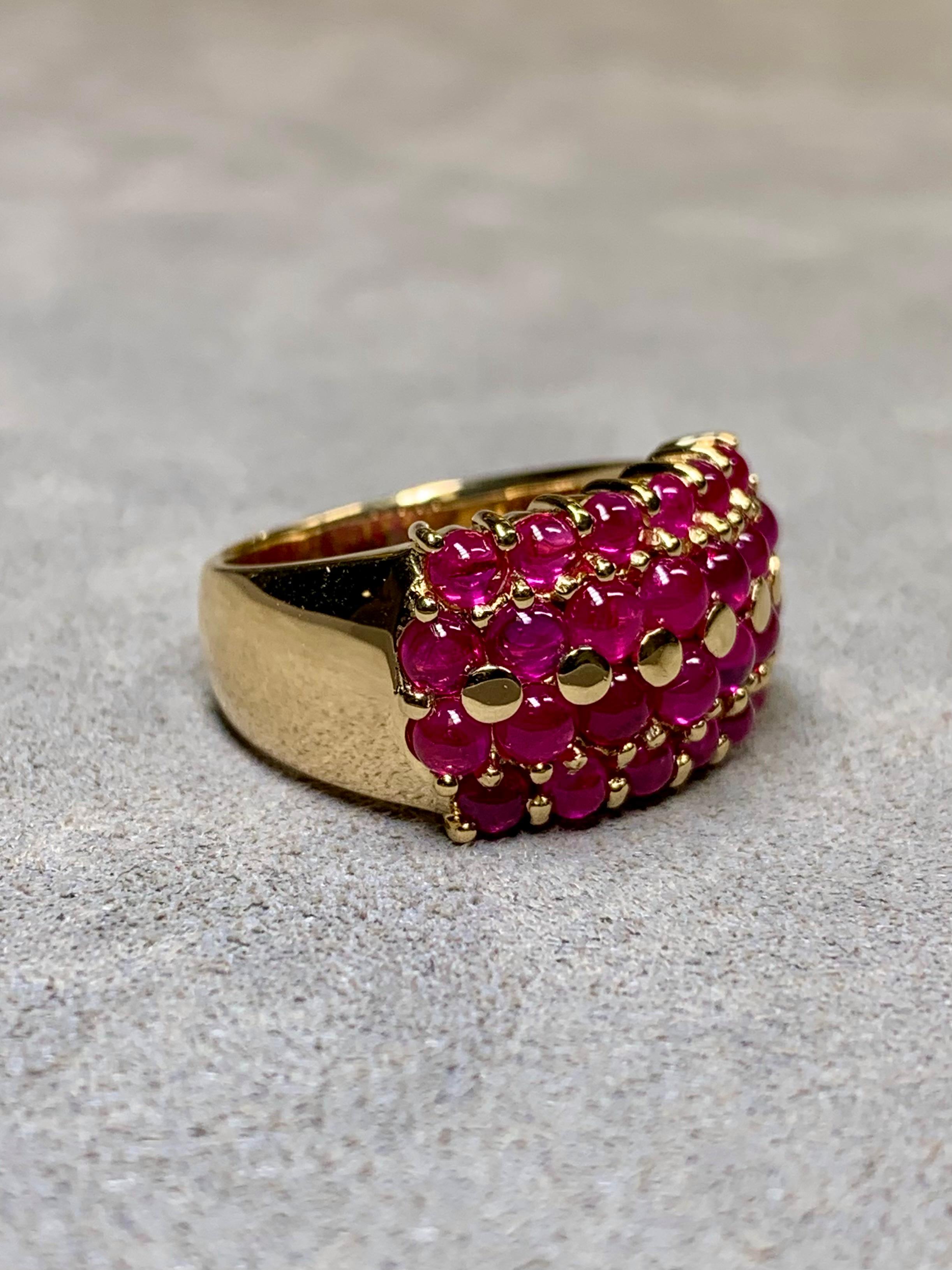 Contemporary Estate 18K Yellow Gold Cabochon Ruby Cluster Cocktail Ring 5ctw Sz 6.25 For Sale