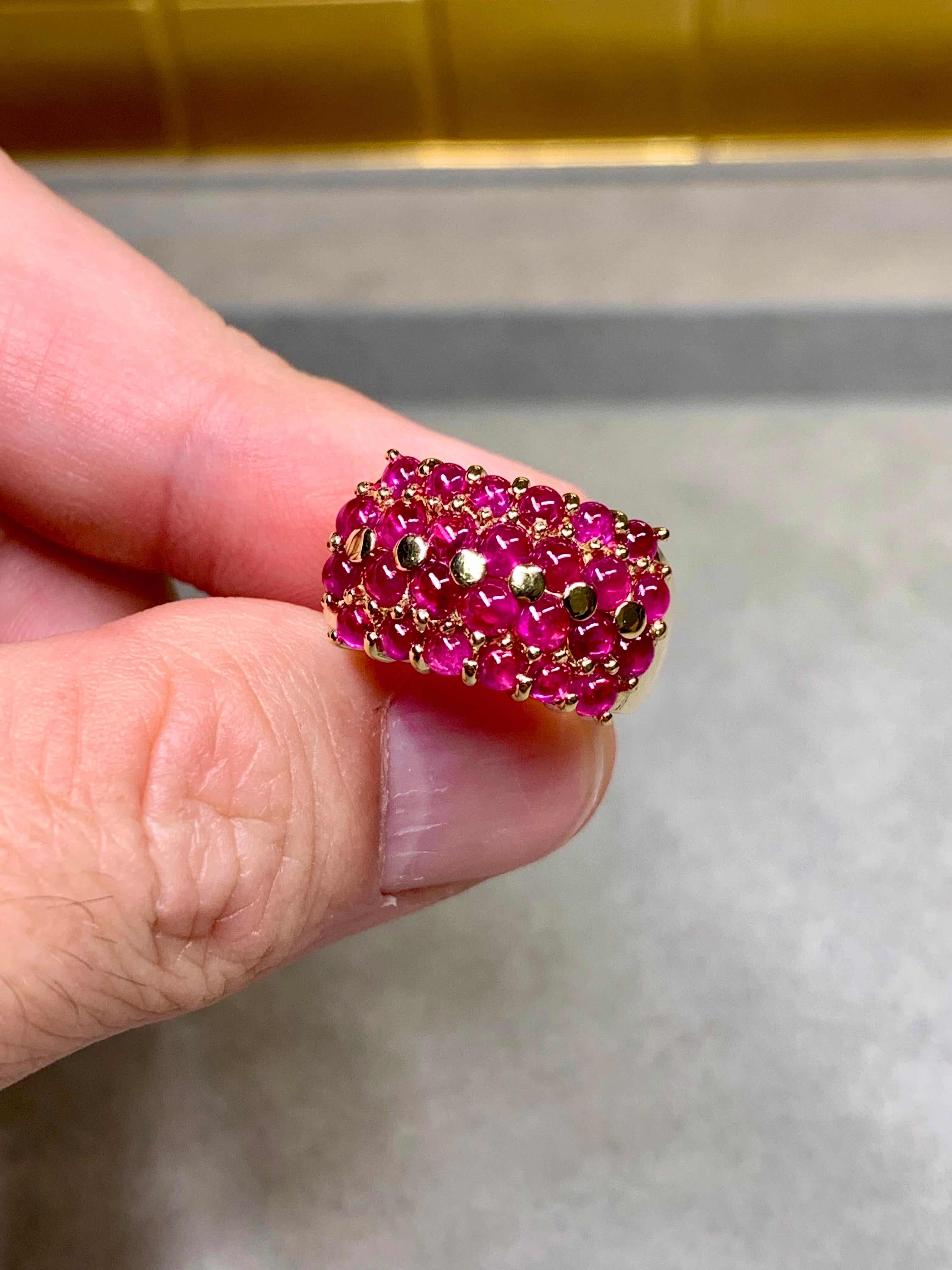 Women's or Men's Estate 18K Yellow Gold Cabochon Ruby Cluster Cocktail Ring 5ctw Sz 6.25 For Sale