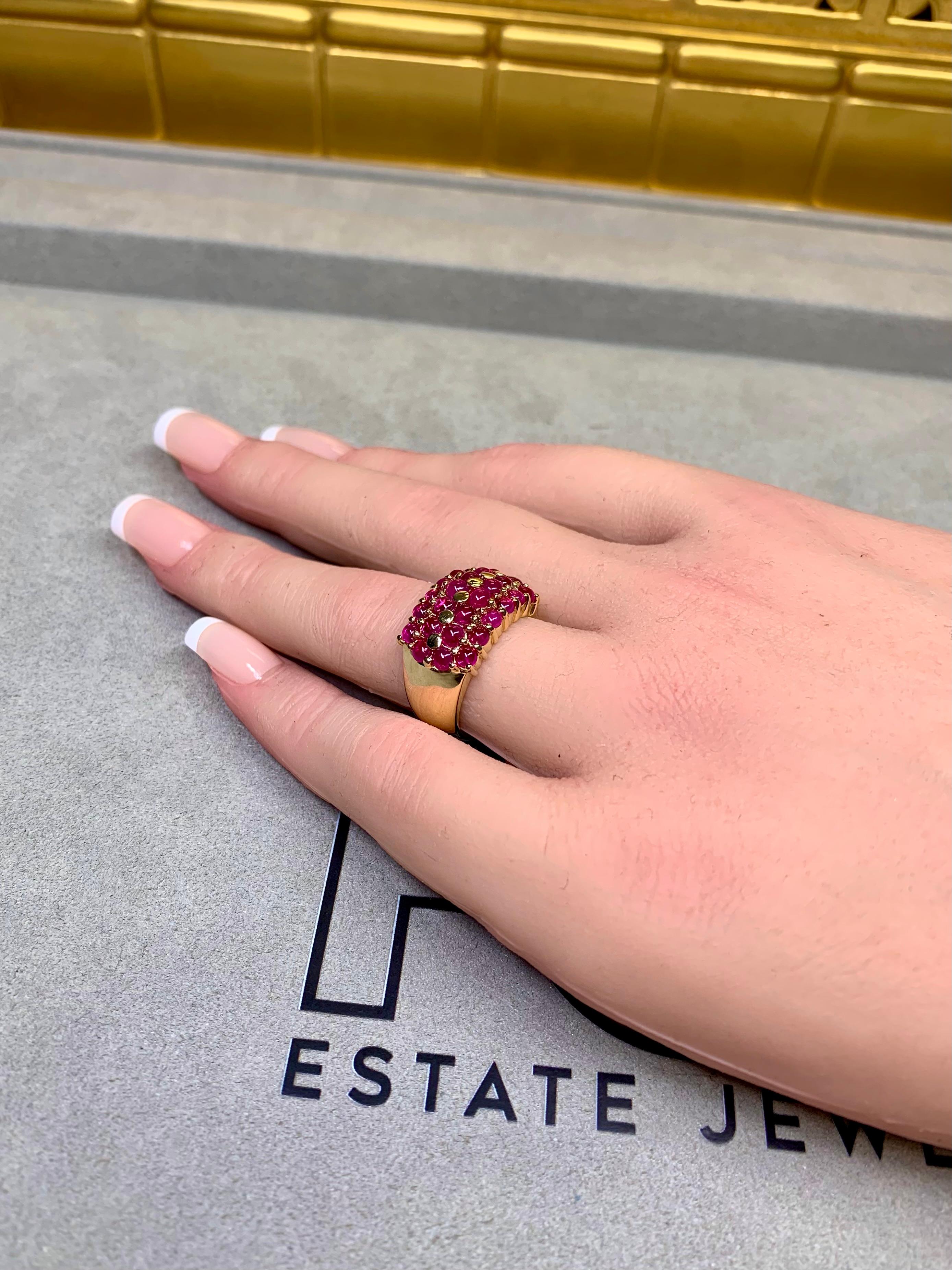 Estate 18K Yellow Gold Cabochon Ruby Cluster Cocktail Ring 5ctw Sz 6.25 For Sale 2