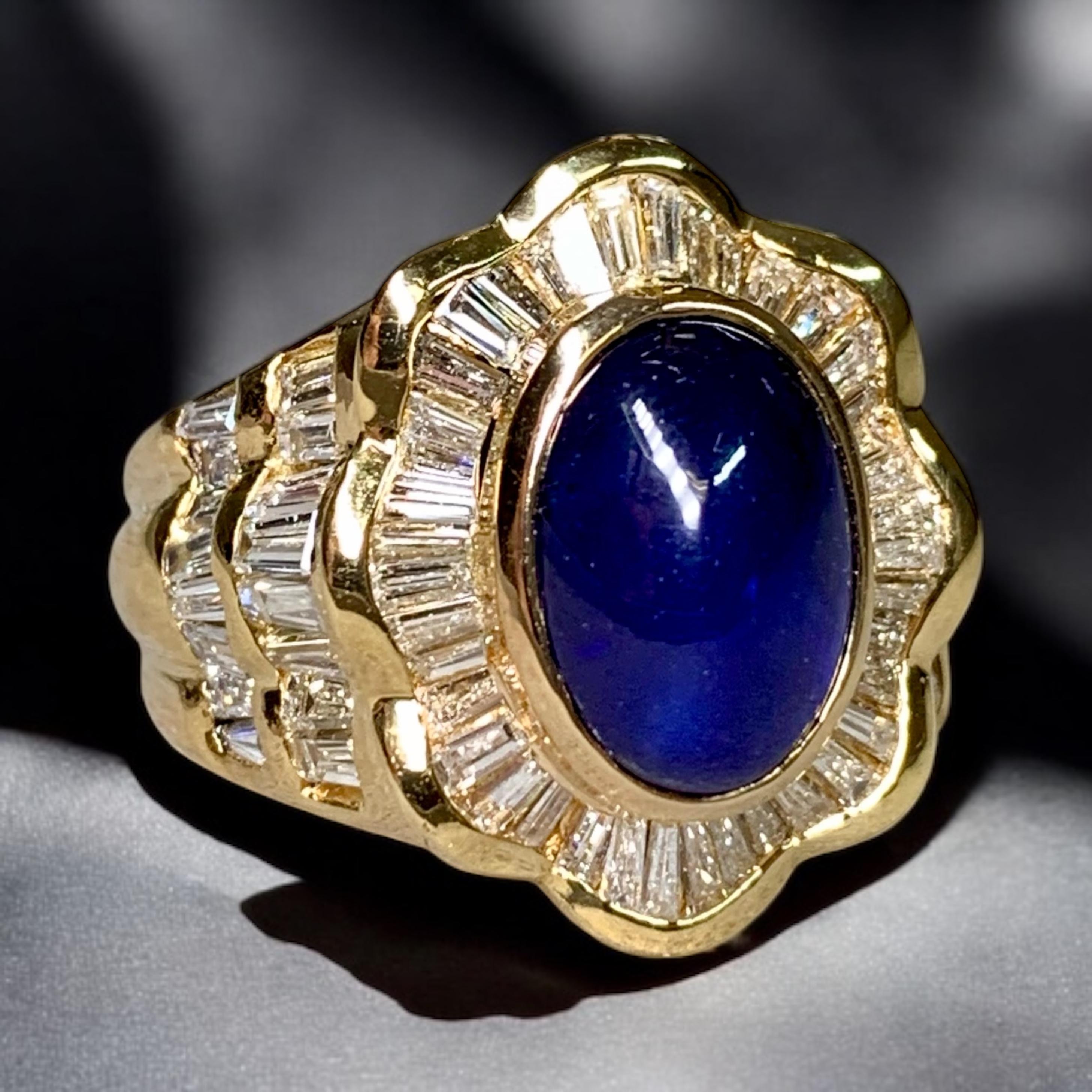 Bague Cocktail en or jaune 18K Cabochon Saphir Baguette Diamant 7.90ctw en vente 2