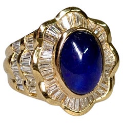 Estate 18K Yellow Gold Cabochon Sapphire Baguette Diamond Cocktail Ring 7.90ctw