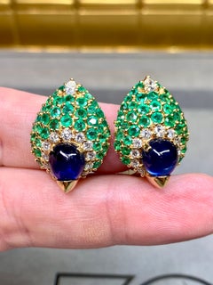 Estate 18K Yellow Gold Cabochon Sapphire Emerald Diamond Huggie Earrings 13.40ct
