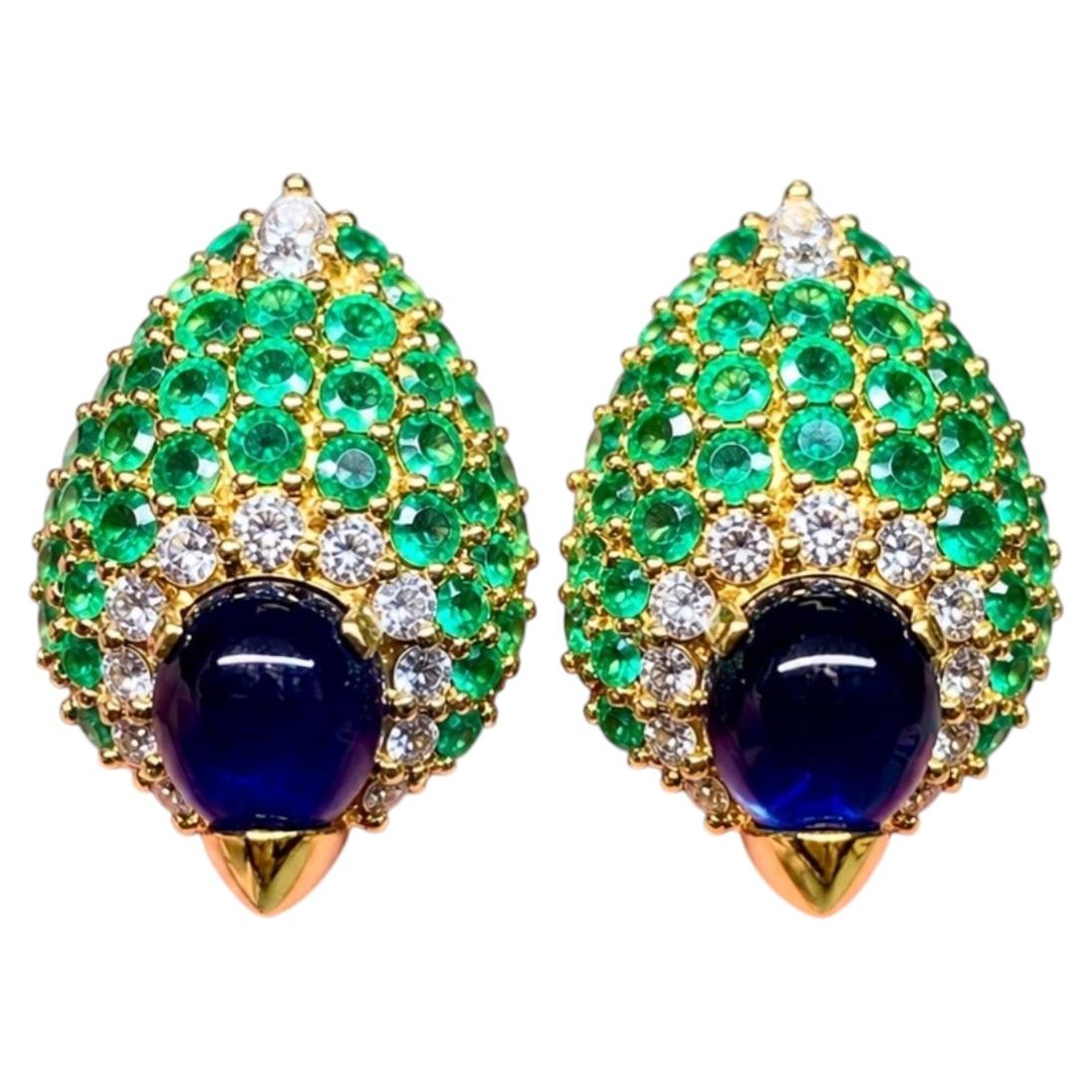 Estate 18K Yellow Gold Cabochon Sapphire Emerald Diamond Huggie Earrings 13.40ct