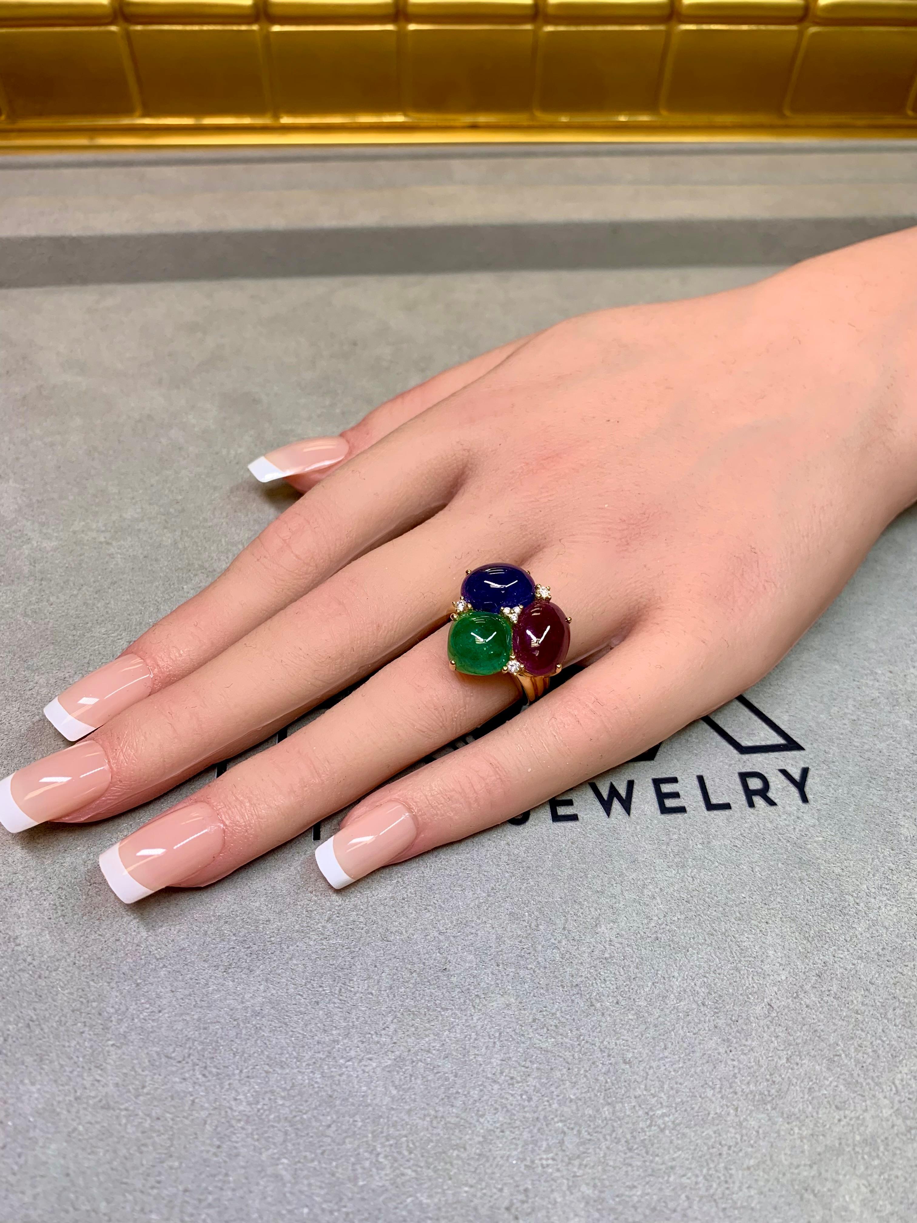Estate 18K Yellow Gold Cabochon Sapphire Ruby Emerald Diamond Cocktail Ring 20ct For Sale 5