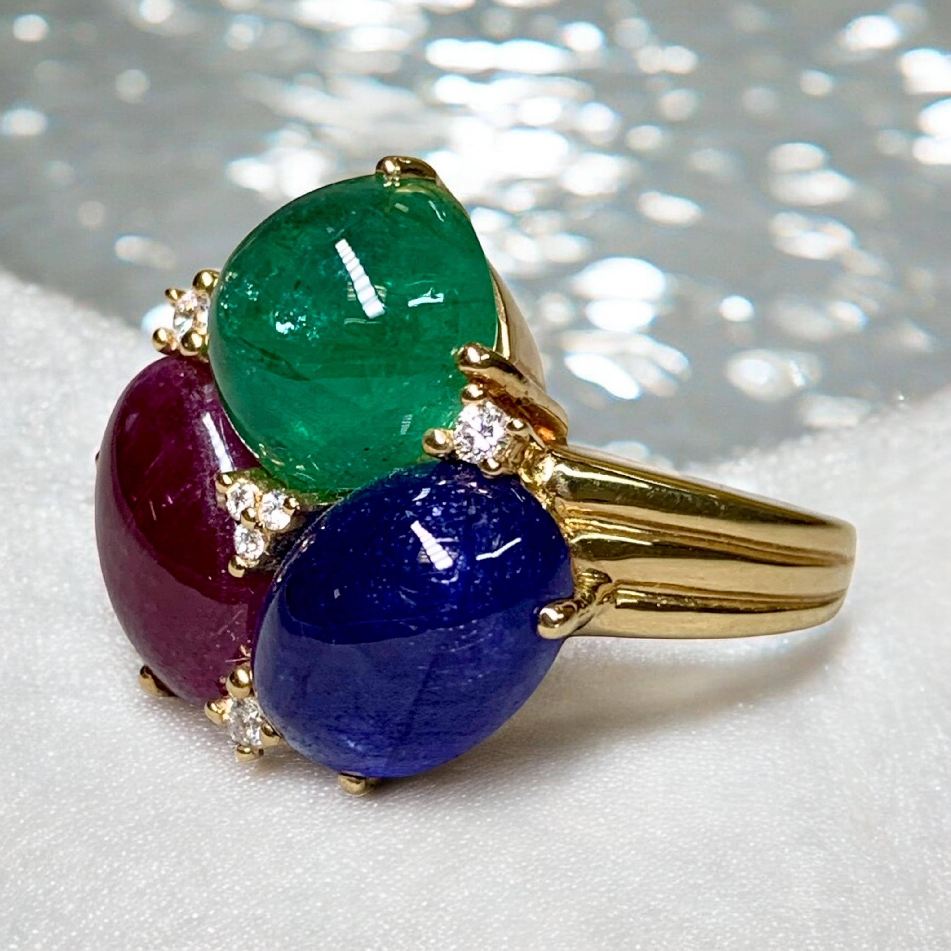Estate 18K Yellow Gold Cabochon Sapphire Ruby Emerald Diamond Cocktail Ring 20ct For Sale 6