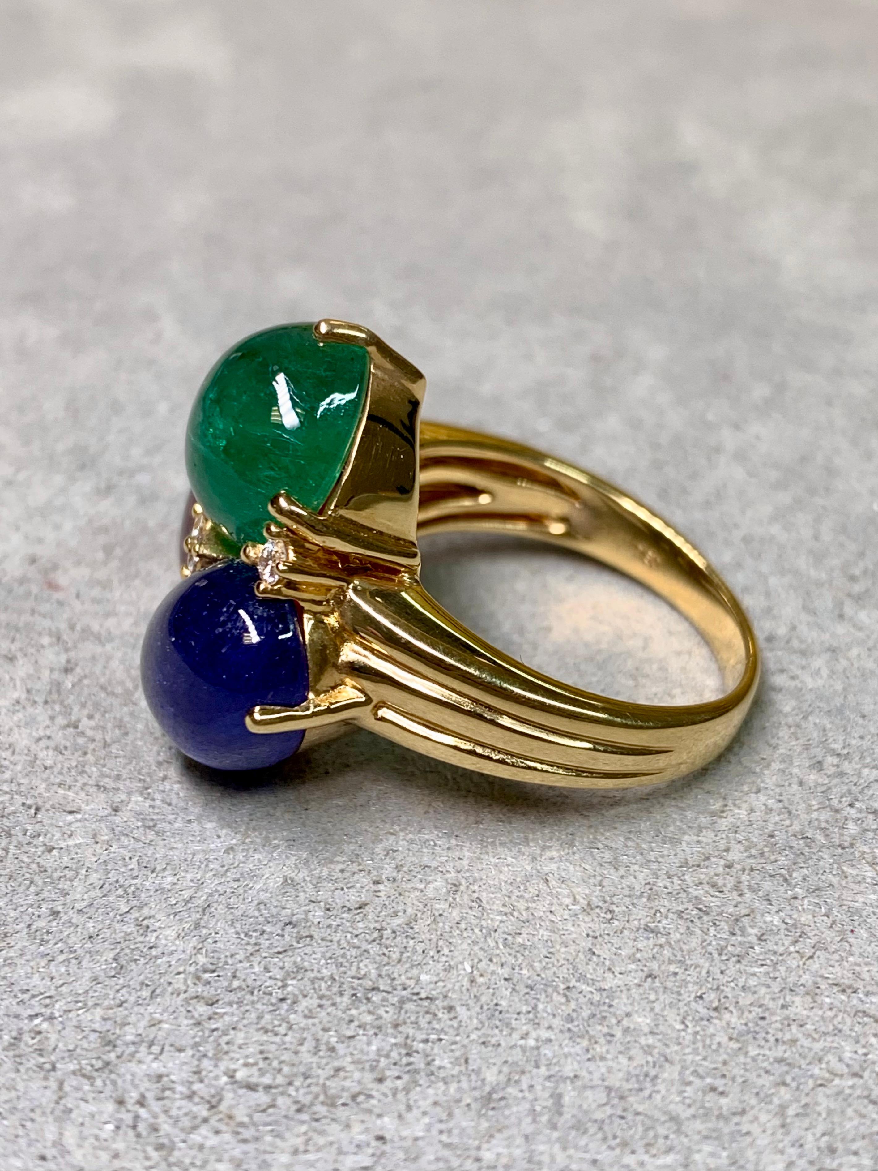 Estate 18K Yellow Gold Cabochon Sapphire Ruby Emerald Diamond Cocktail Ring 20ct In Good Condition For Sale In Winter Springs, FL