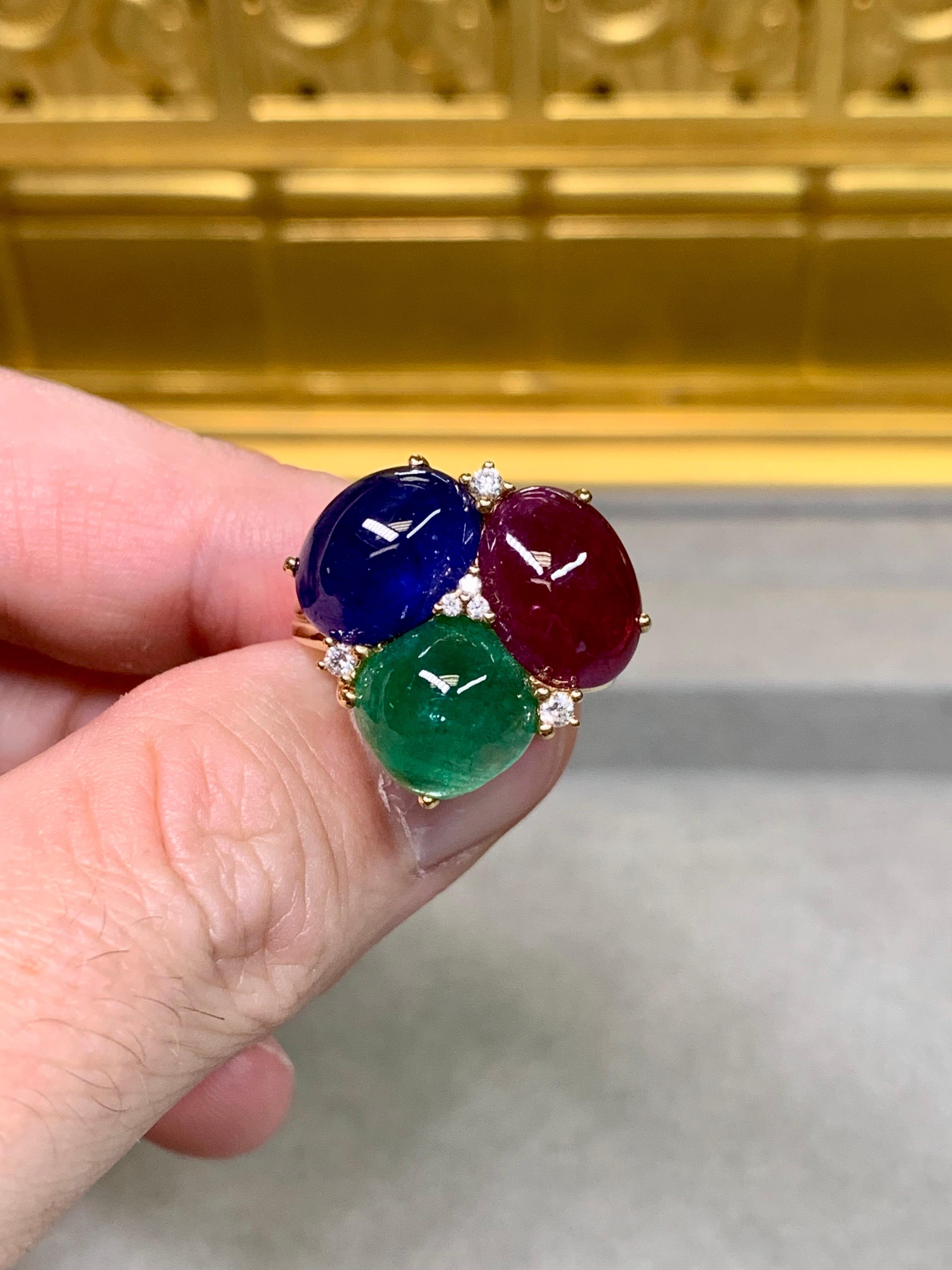 Estate 18K Yellow Gold Cabochon Sapphire Ruby Emerald Diamond Cocktail Ring 20ct For Sale 1