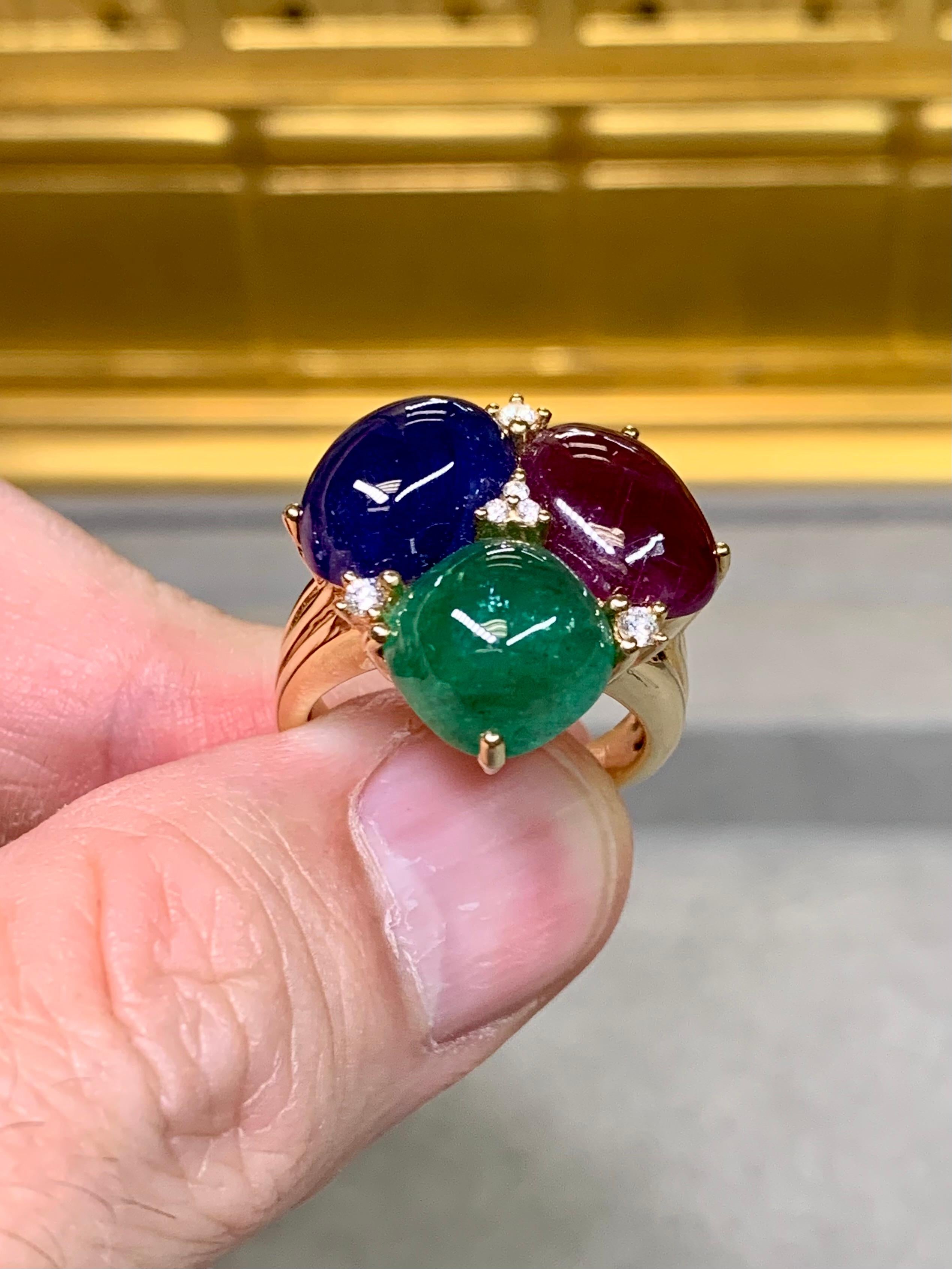 Estate 18K Yellow Gold Cabochon Sapphire Ruby Emerald Diamond Cocktail Ring 20ct For Sale 2