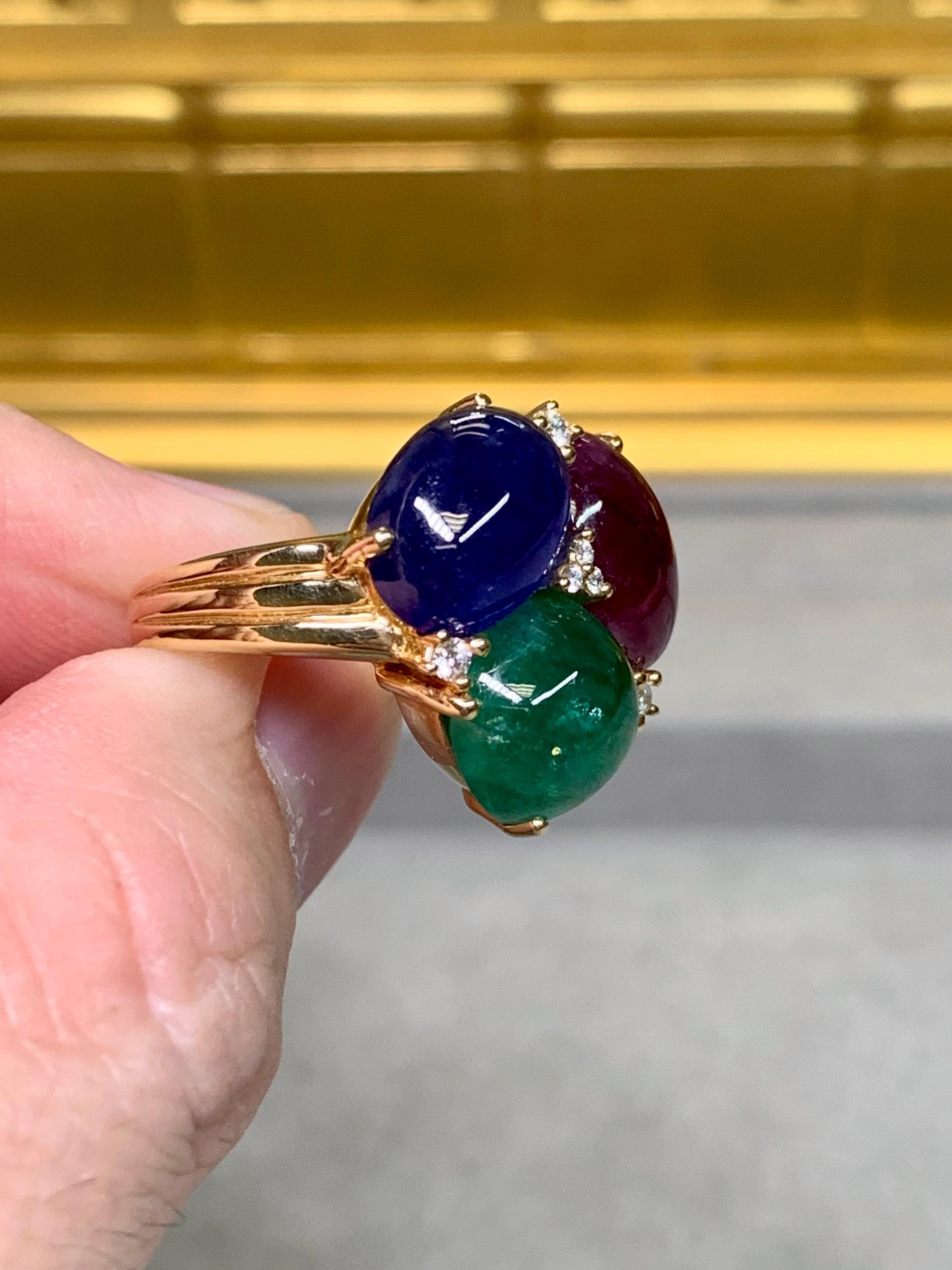 Estate 18K Yellow Gold Cabochon Sapphire Ruby Emerald Diamond Cocktail Ring 20ct For Sale 3