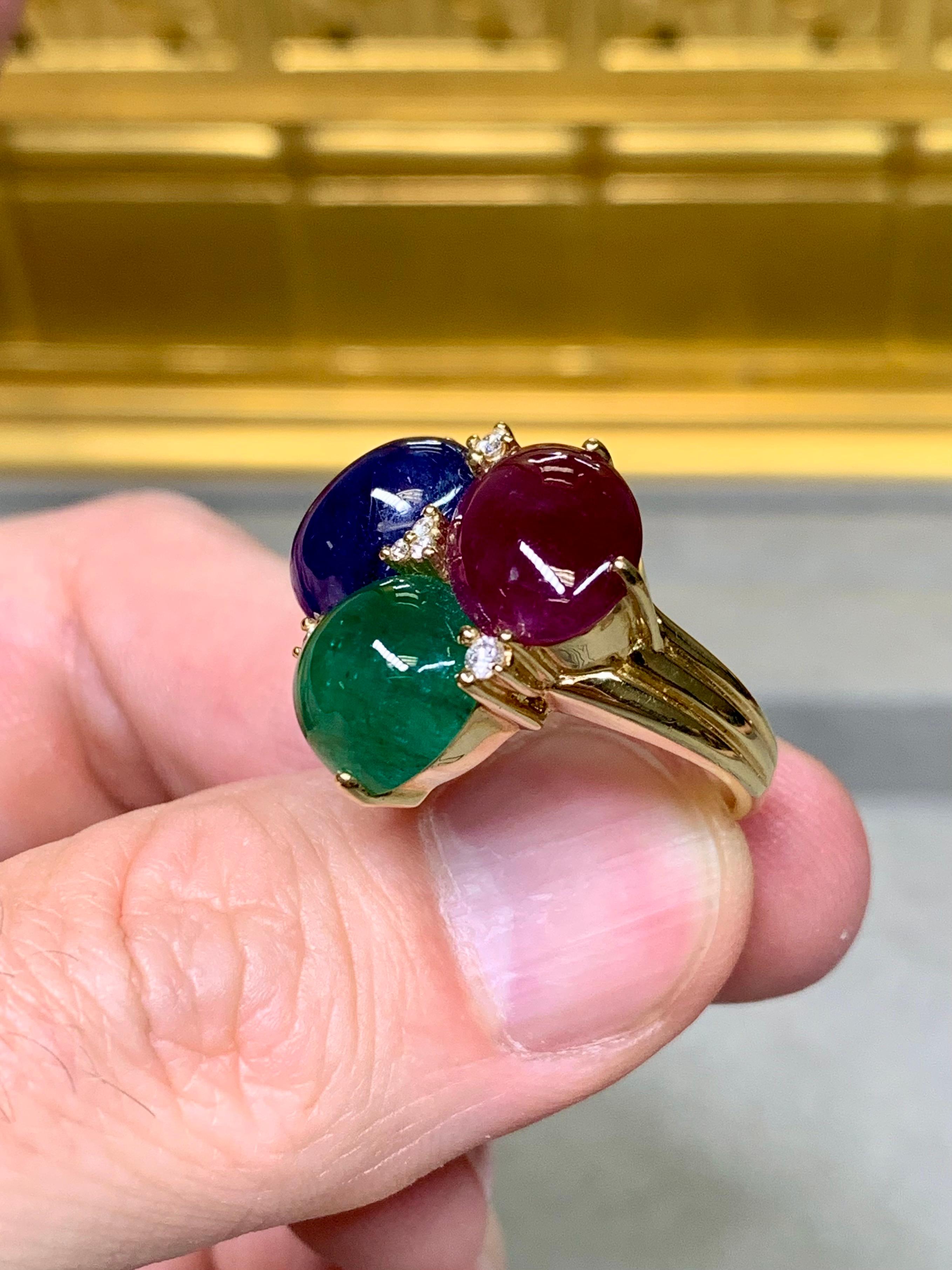 Estate 18K Yellow Gold Cabochon Sapphire Ruby Emerald Diamond Cocktail Ring 20ct For Sale 4
