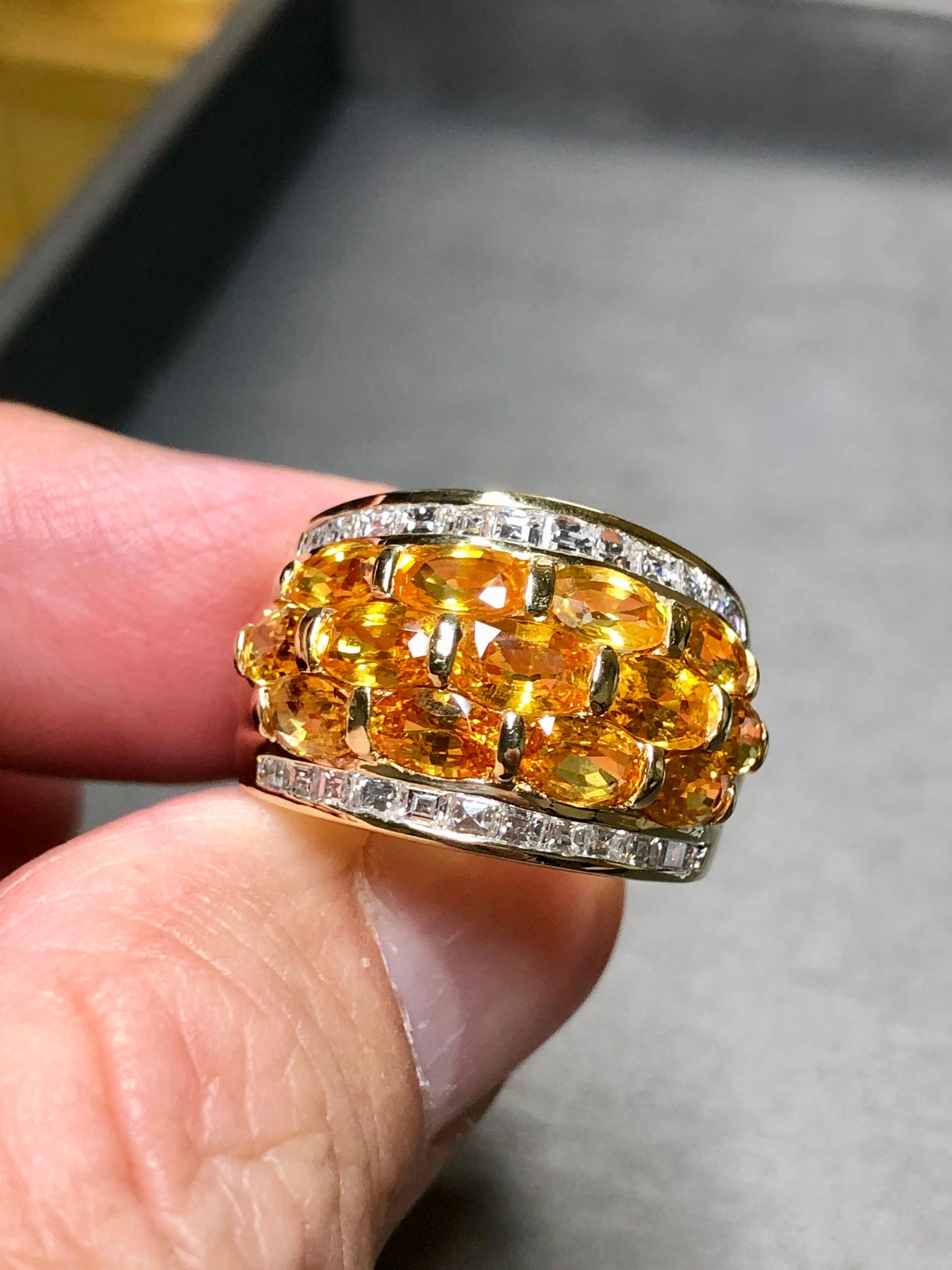 Estate 18K Oro Amarillo Carre Baguette Diamante Zafiro Naranja Anillo 6.60cttw Sz 7 Contemporáneo en venta