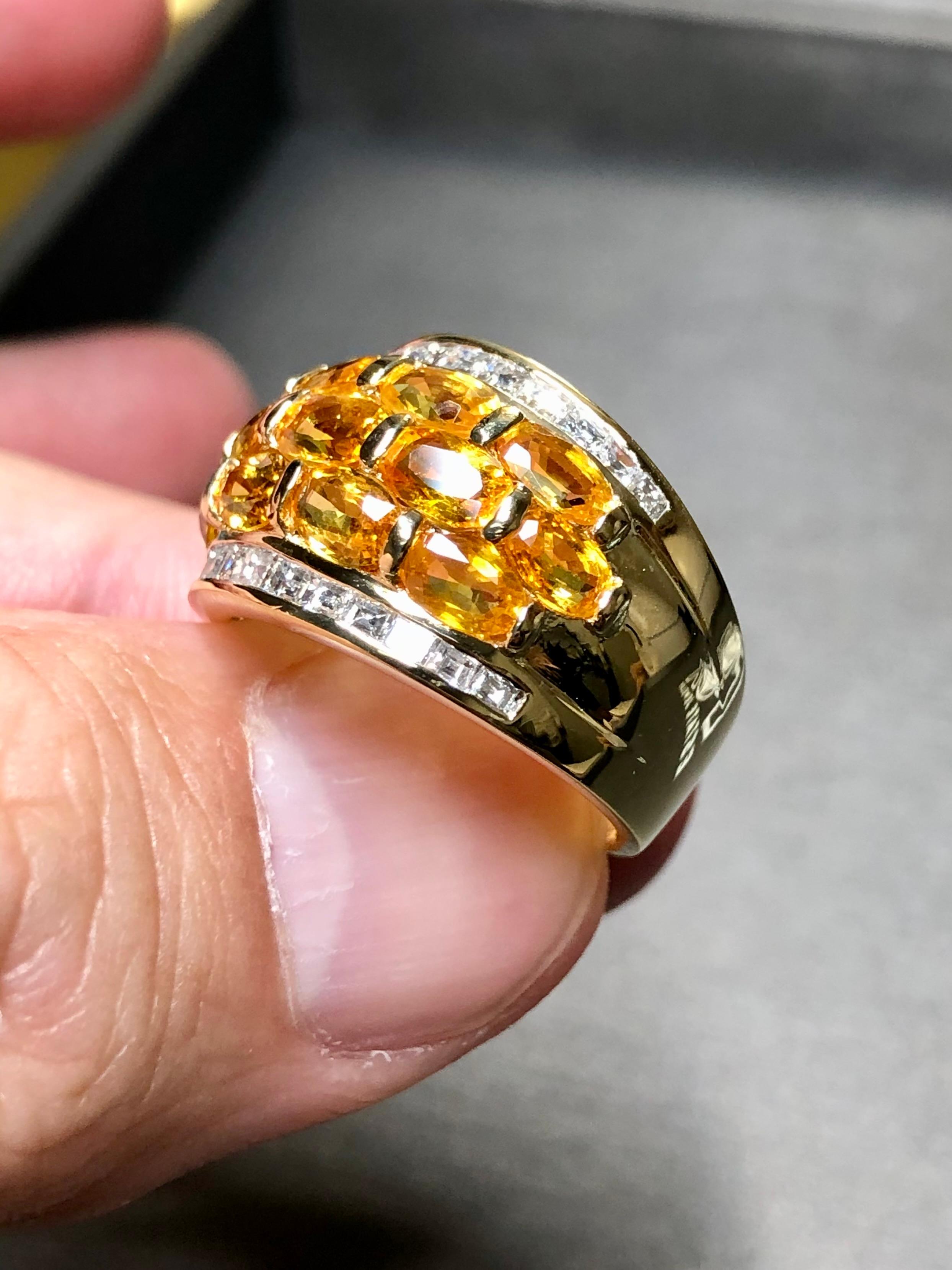 Estate 18K Oro Amarillo Carre Baguette Diamante Zafiro Naranja Anillo 6.60cttw Sz 7 en Excelente estado para la venta en Winter Springs, FL