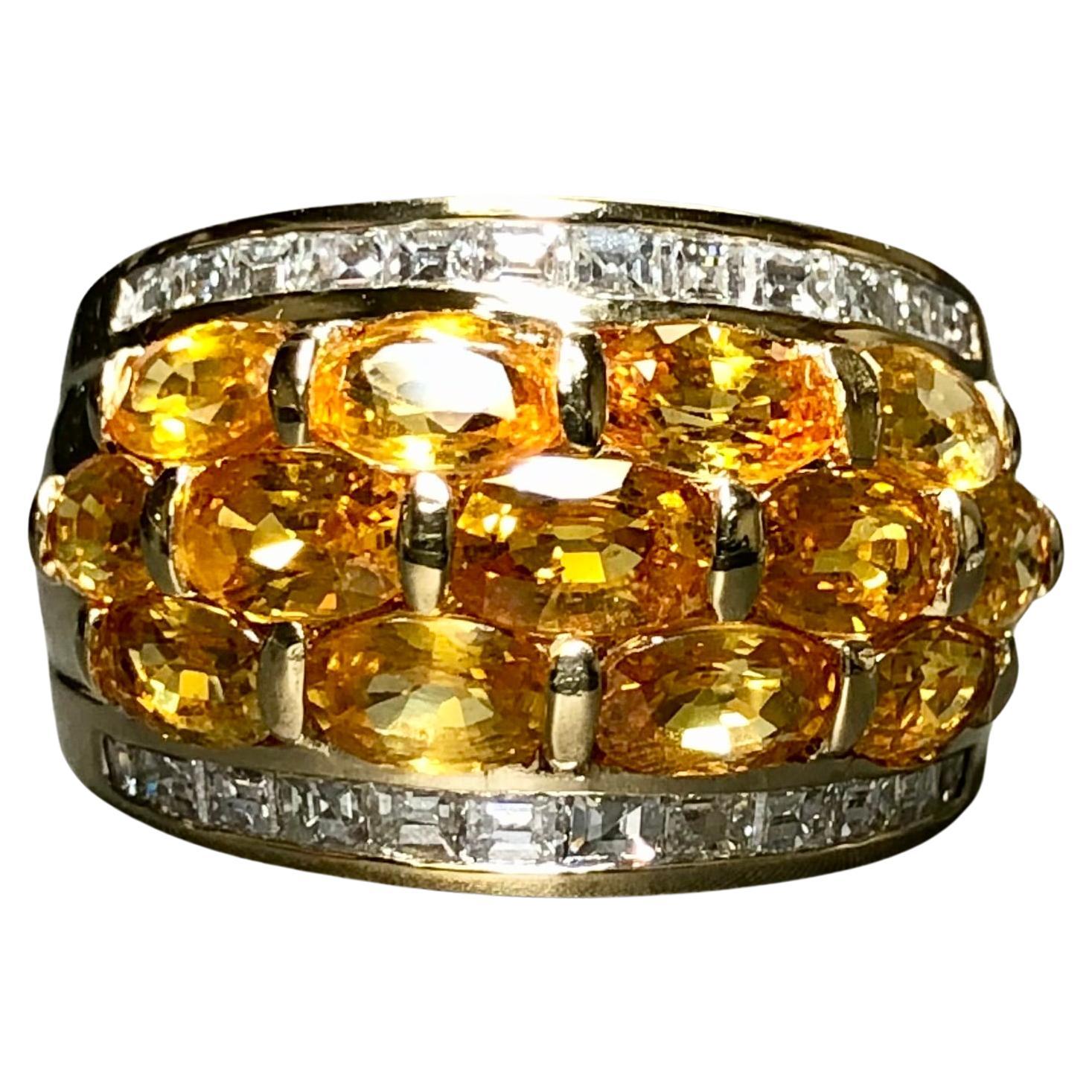 Estate 18K Oro Amarillo Carre Baguette Diamante Zafiro Naranja Anillo 6.60cttw Sz 7 en venta