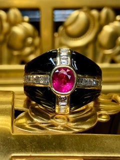 Estate 18K Yellow Gold Carre Square Baguette Diamond Ruby Onyx Cocktail Ring GIA