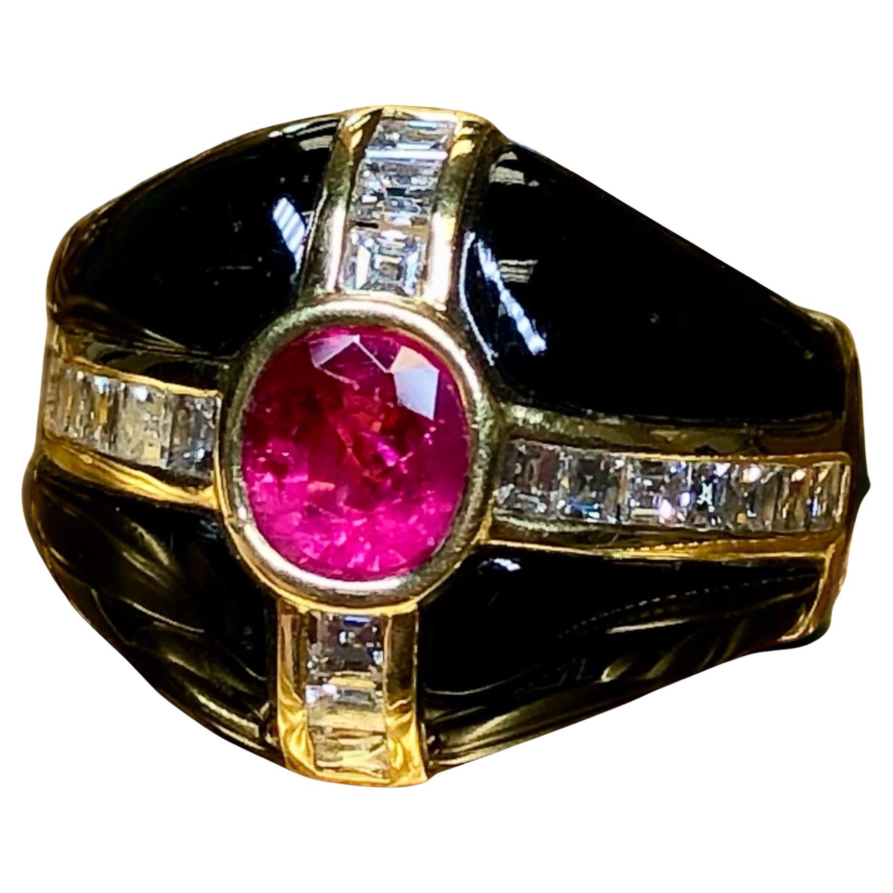 Estate 18K Yellow Gold Carre Square Baguette Diamond Ruby Onyx Cocktail Ring GIA