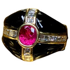 Estate 18K Yellow Gold Carre Square Baguette Diamond Ruby Onyx Cocktail Ring GIA