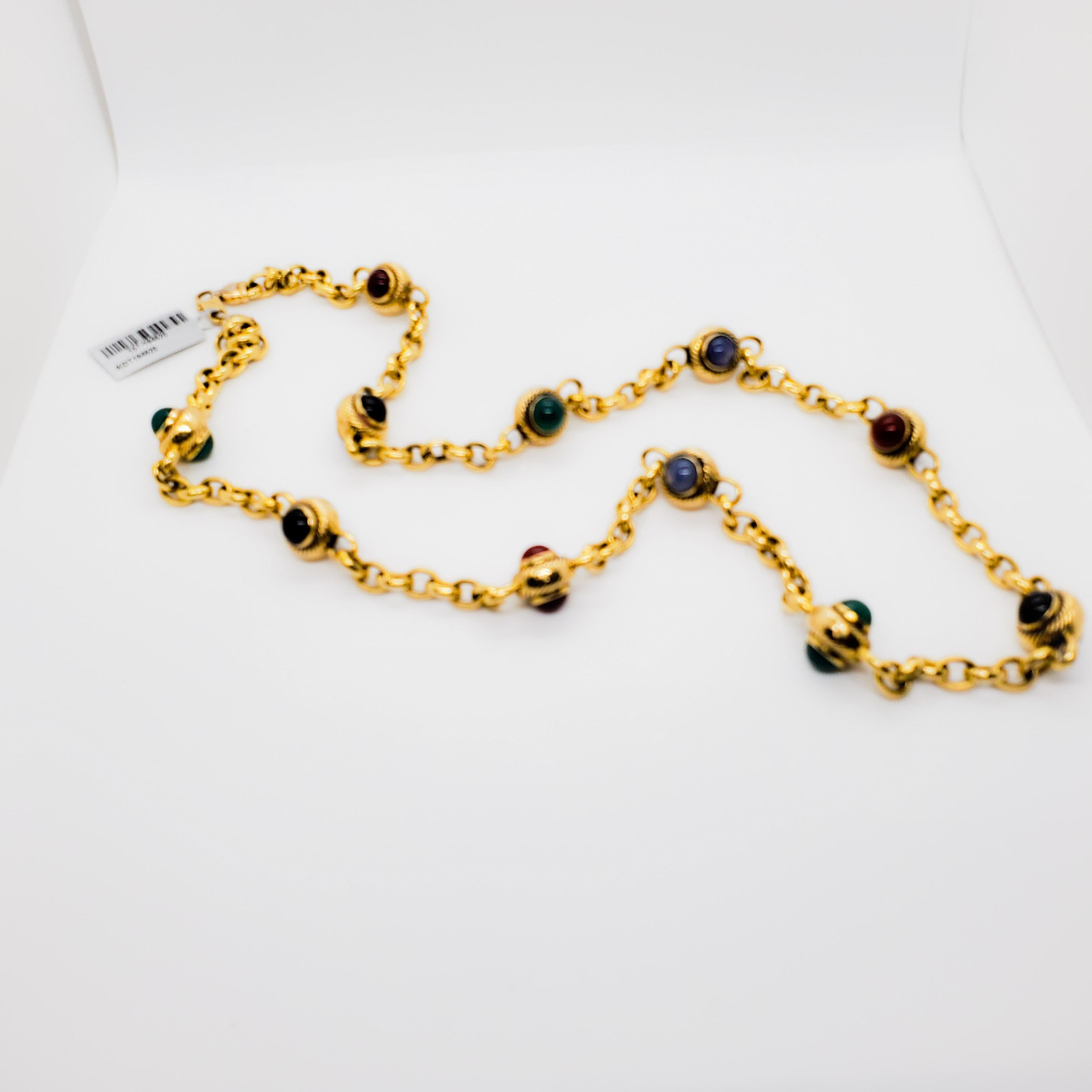 Gorgeous estate chain necklace featuring 120.60 grams of gold with cabochons of various stones like blue chalcedony, cornelian chysophase, and onyx. Chunky layered look with a classy touch.