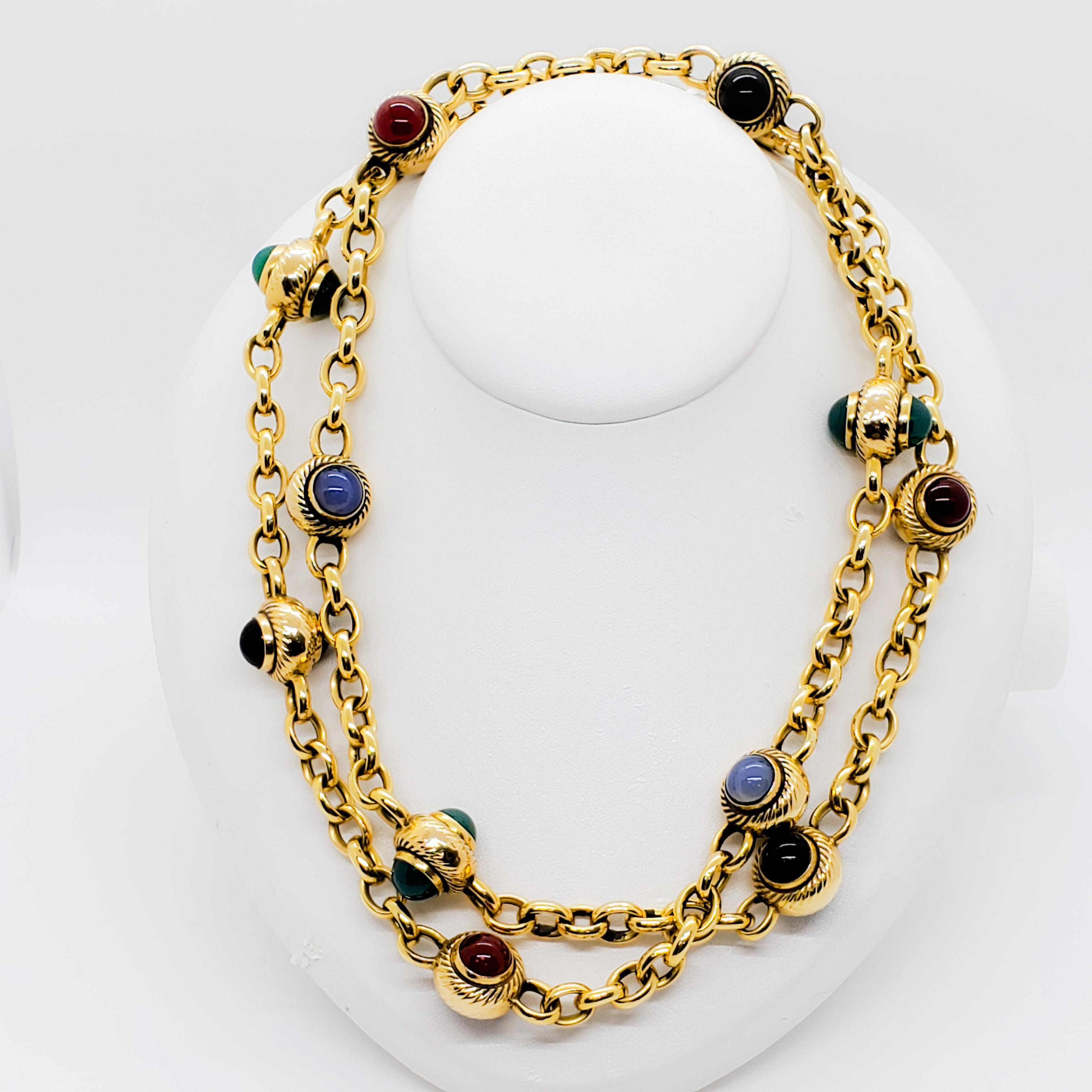 Round Cut Estate 18 Karat Yellow Gold Chain Necklace with Multi-Color Stones