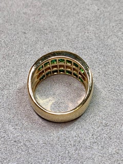 Estate 18K Yellow Gold Channel Princess Diamond Emerald Wide Cigar Band Ring