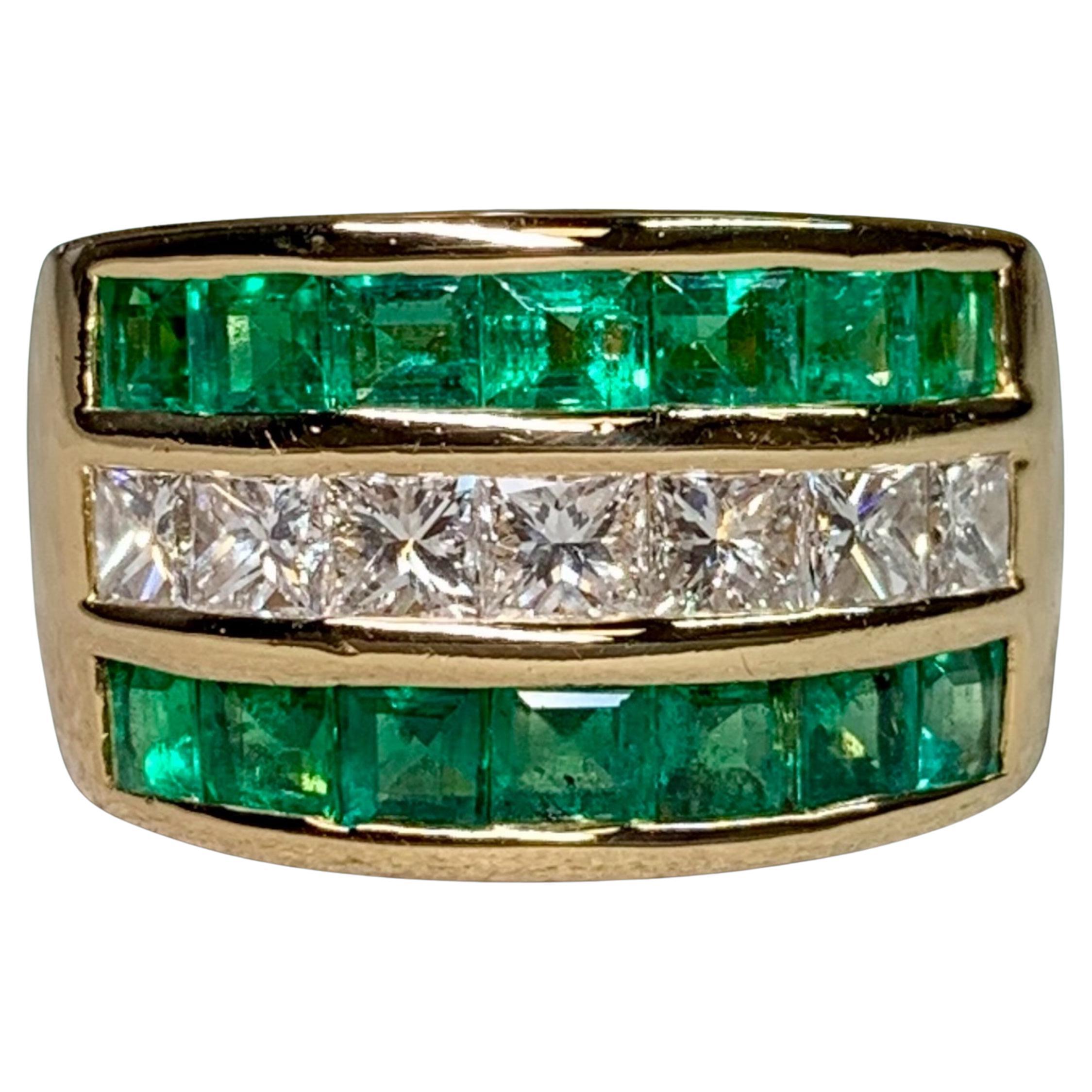 Estate 18K Yellow Gold Channel Princess Diamond Emerald Wide Cigar Band Ring