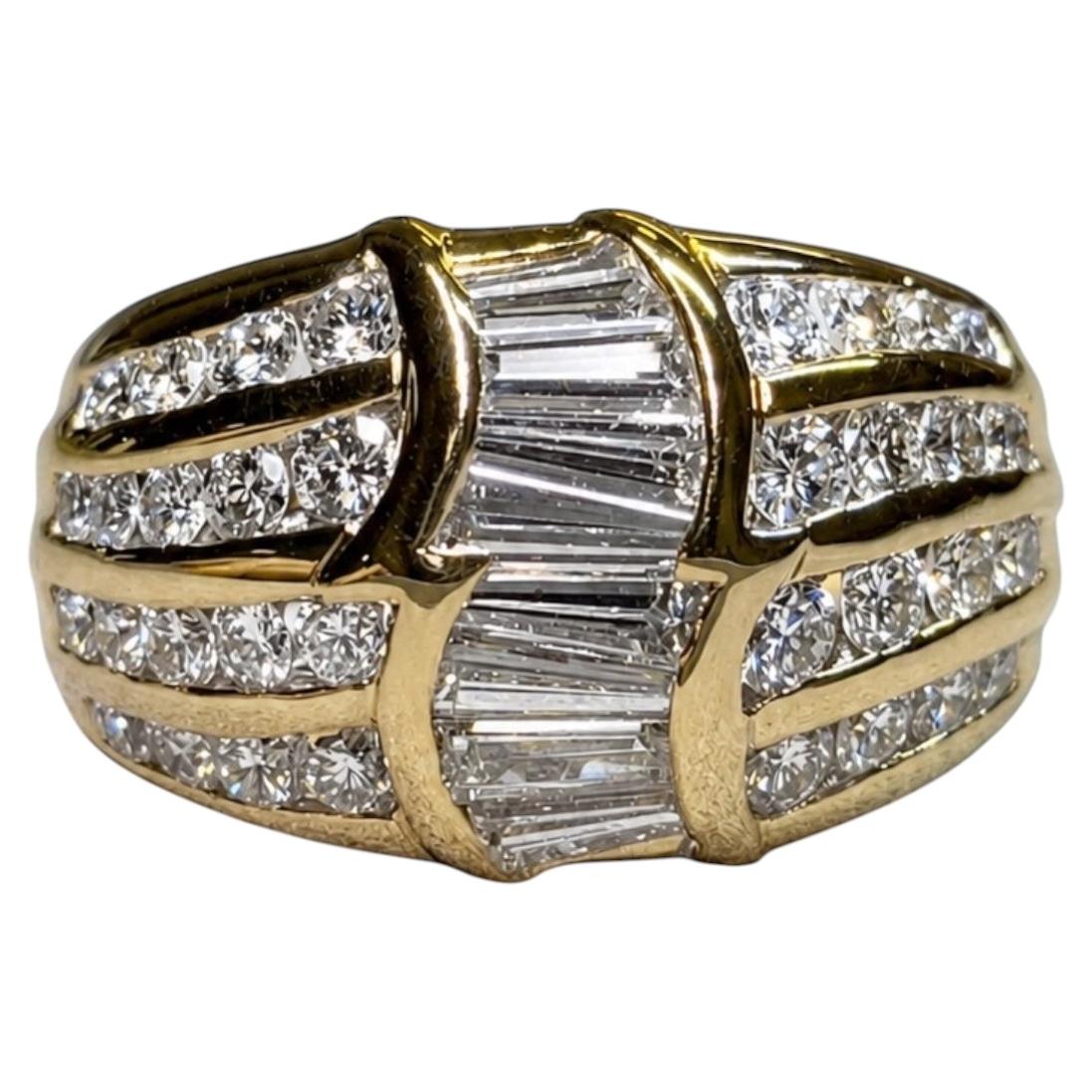 Estate 18K Yellow Gold Channel Set Tapered Baguette Round Diamond Cocktail Ring