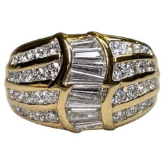 Estate 18K Yellow Gold Channel Set Tapered Baguette Round Diamond Cocktail Ring