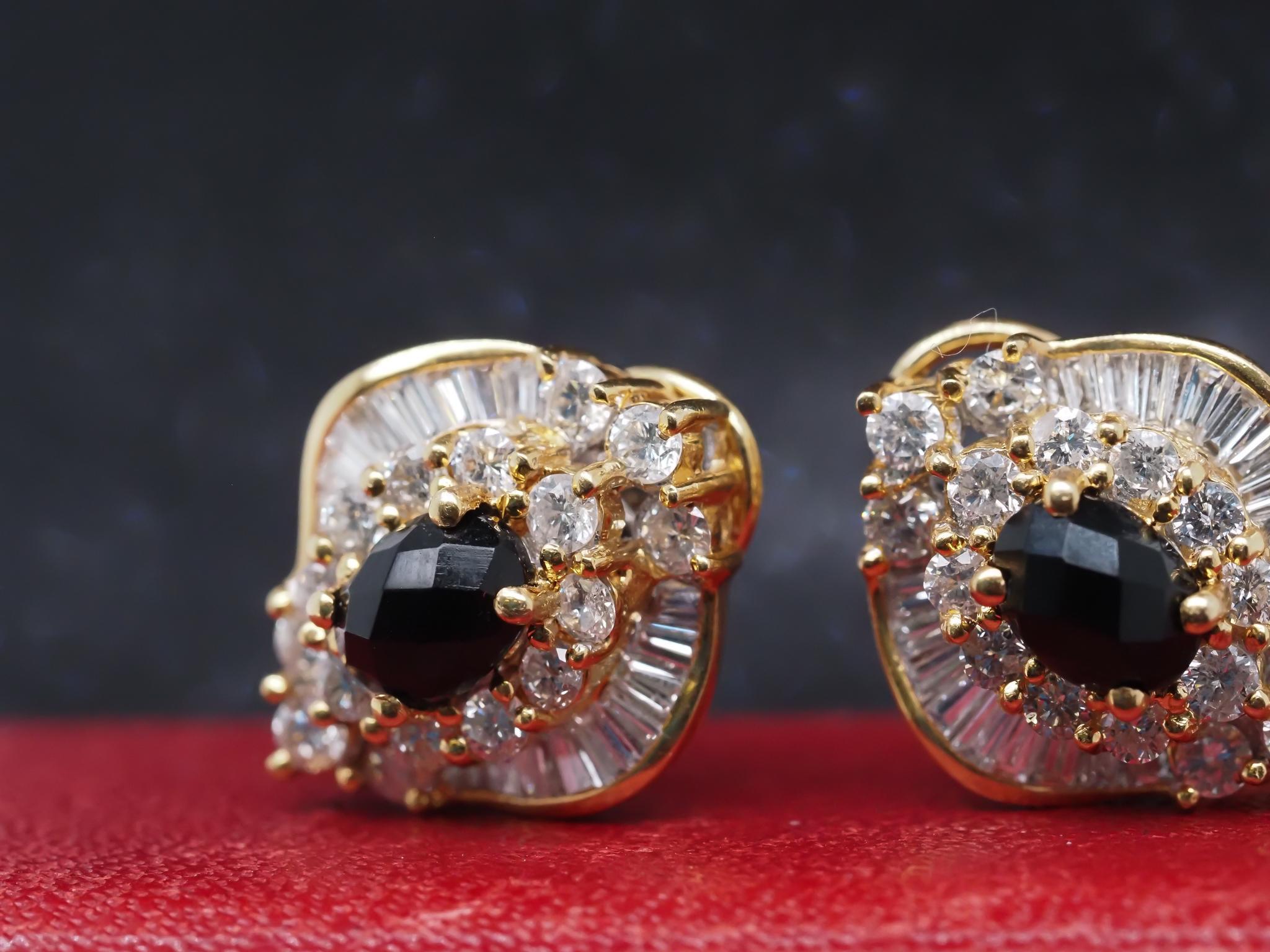 Baguette Cut Estate 18K Yellow Gold Checkerboard Onyx and Diamond Earrings
