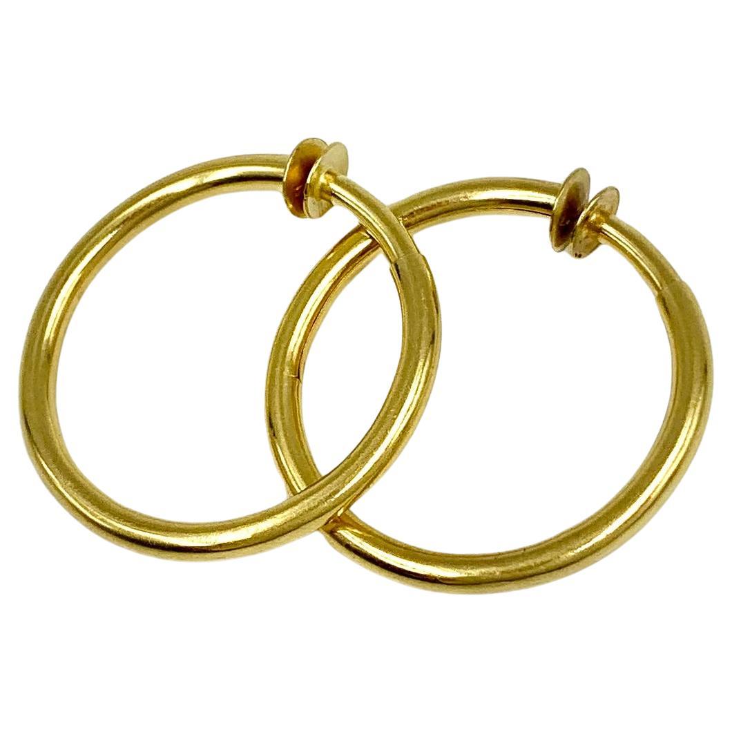 Estate 18K Yellow Gold Classical Greek Large Huggie Hoop Earrings, Signed For Sale