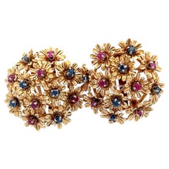 Estate 18K Yellow Gold Clip-On Earrings with 0.6 Carat Sapphire & 0.6 Carat Ruby