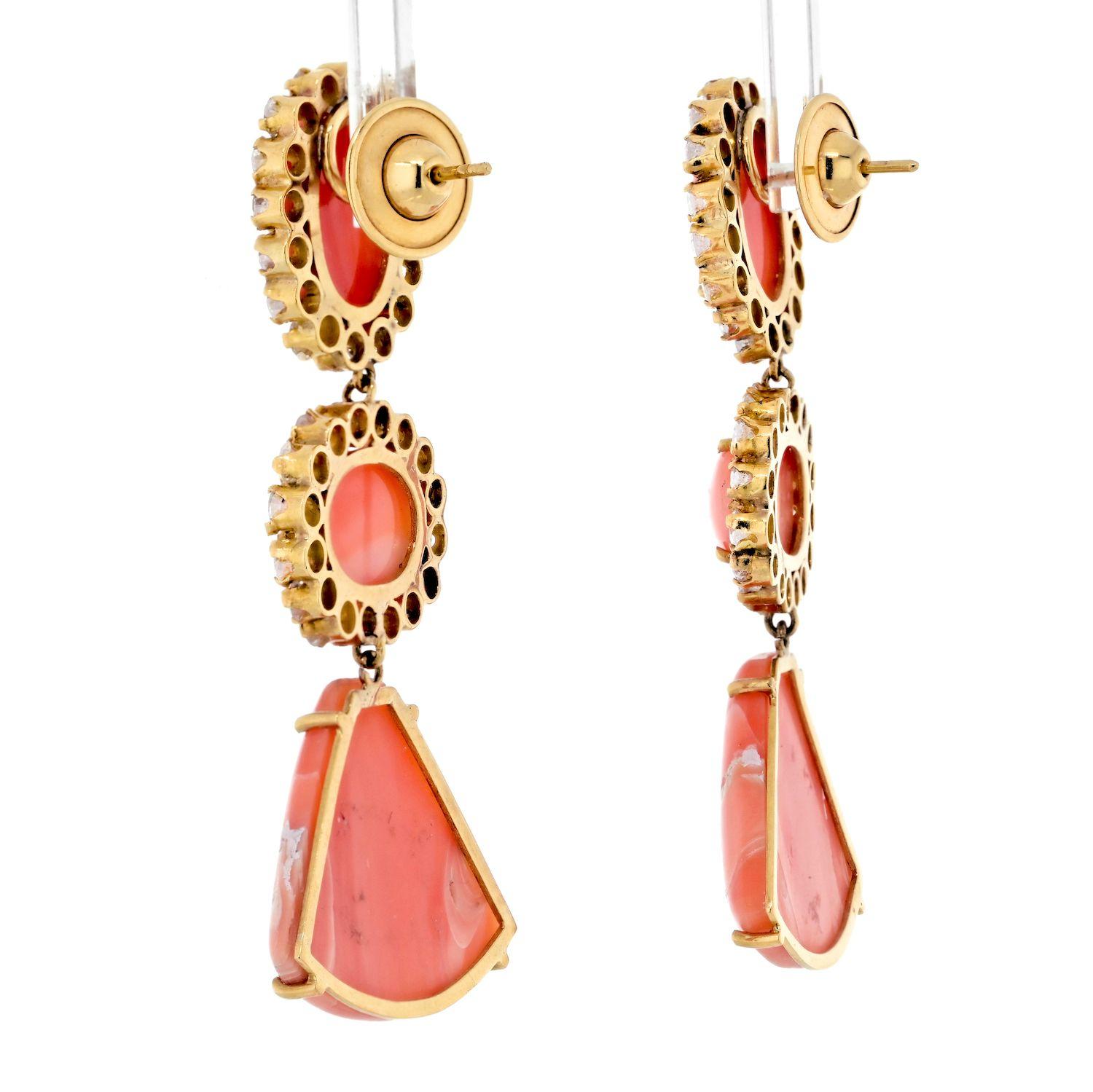 Modern Estate 18K Yellow Gold Coral And Diamod Dangling Drop Earrings  For Sale