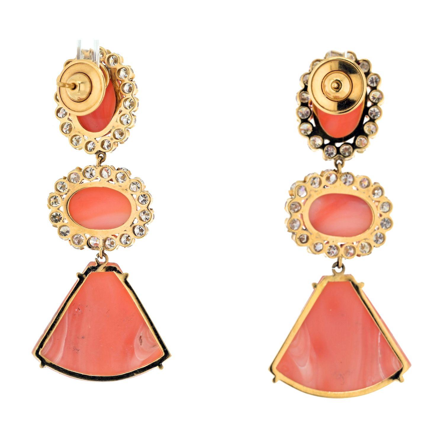 Round Cut Estate 18K Yellow Gold Coral And Diamod Dangling Drop Earrings  For Sale