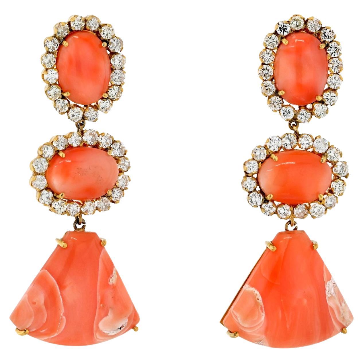 Estate 18K Yellow Gold Coral And Diamod Dangling Drop Earrings  For Sale