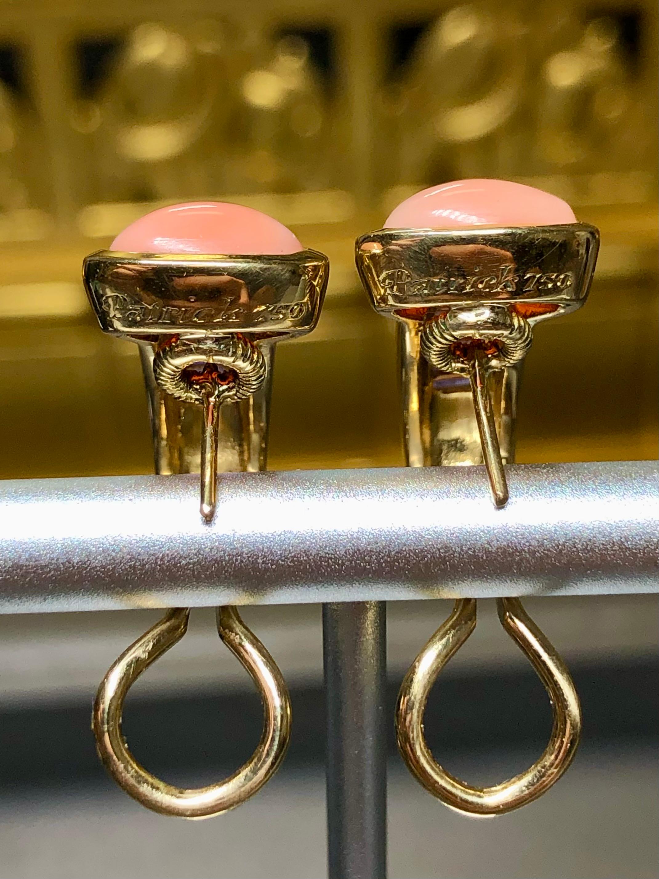 Baguette Cut Estate 18K Yellow Gold Coral Cabochon Amethyst Baguette Huggie Earrings SIGNEDI For Sale