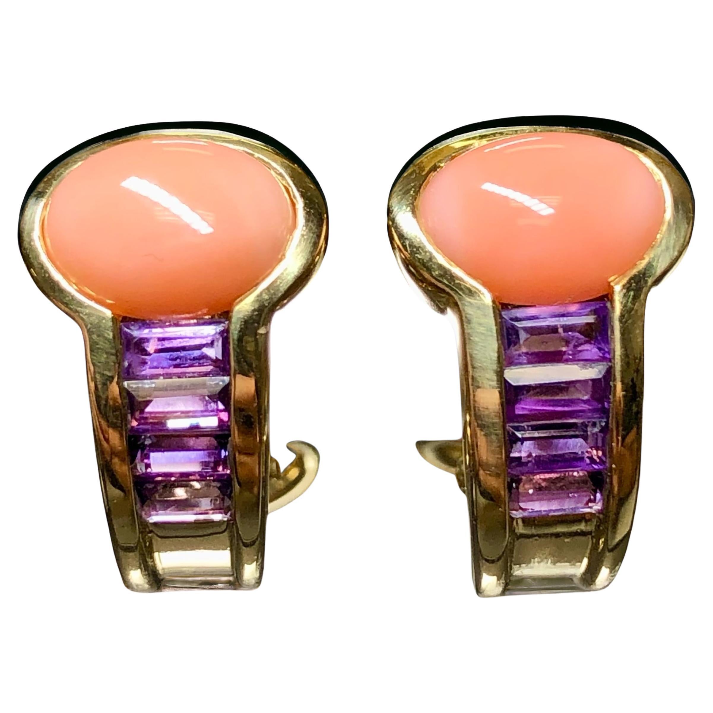 Estate 18K Yellow Gold Coral Cabochon Amethyst Baguette Huggie Earrings SIGNEDI