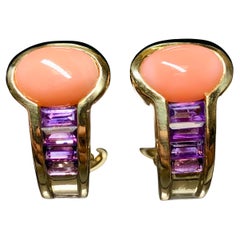 Nachlass 18K Gelbgold Koralle Cabochon Amethyst Baguette Huggie Ohrringe SIGNEDI
