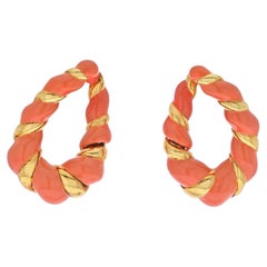 Estate 18K Yellow Gold Coral Color Enamel Hoop Earrings