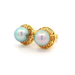 Estate 18k Yellow Gold Cultured Grey Pearl Greek Key Design Stud Earrings