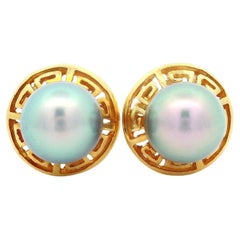 Estate 18k Yellow Gold Cultured Grey Pearl Greek Key Design Stud Earrings