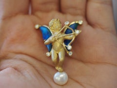 Estate 18K Yellow Gold Cupid Shooting Arrow with Opal, Diamond and Pearl