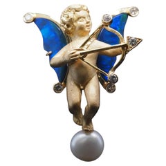 Estate 18K Yellow Gold Cupid Shooting Arrow with Opal, Diamond and Pearl